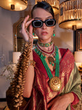 Fabulous Olive Green Zari Weaving Tissue Silk Event Wear Saree