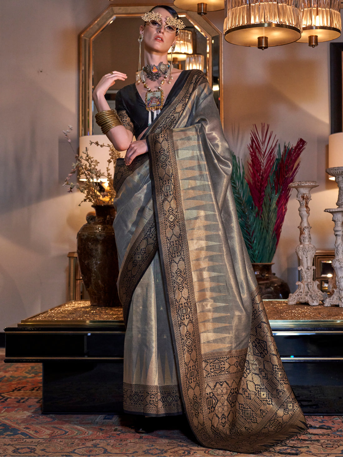 Beautiful Grey Zari Weaving Tissue Silk Traditional Saree With Blouse