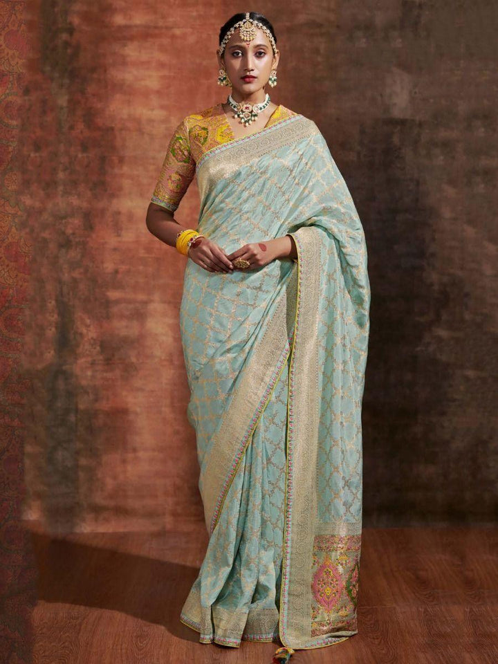 Gorgeous Mint Green Woven Dola Silk  Saree