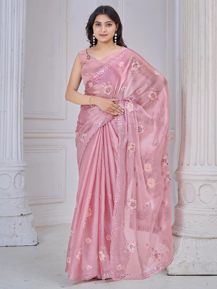 Ravishing Baby Pink Mirror Work Organza Silk Party Wear Saree With Blouse - Zeel Clothing