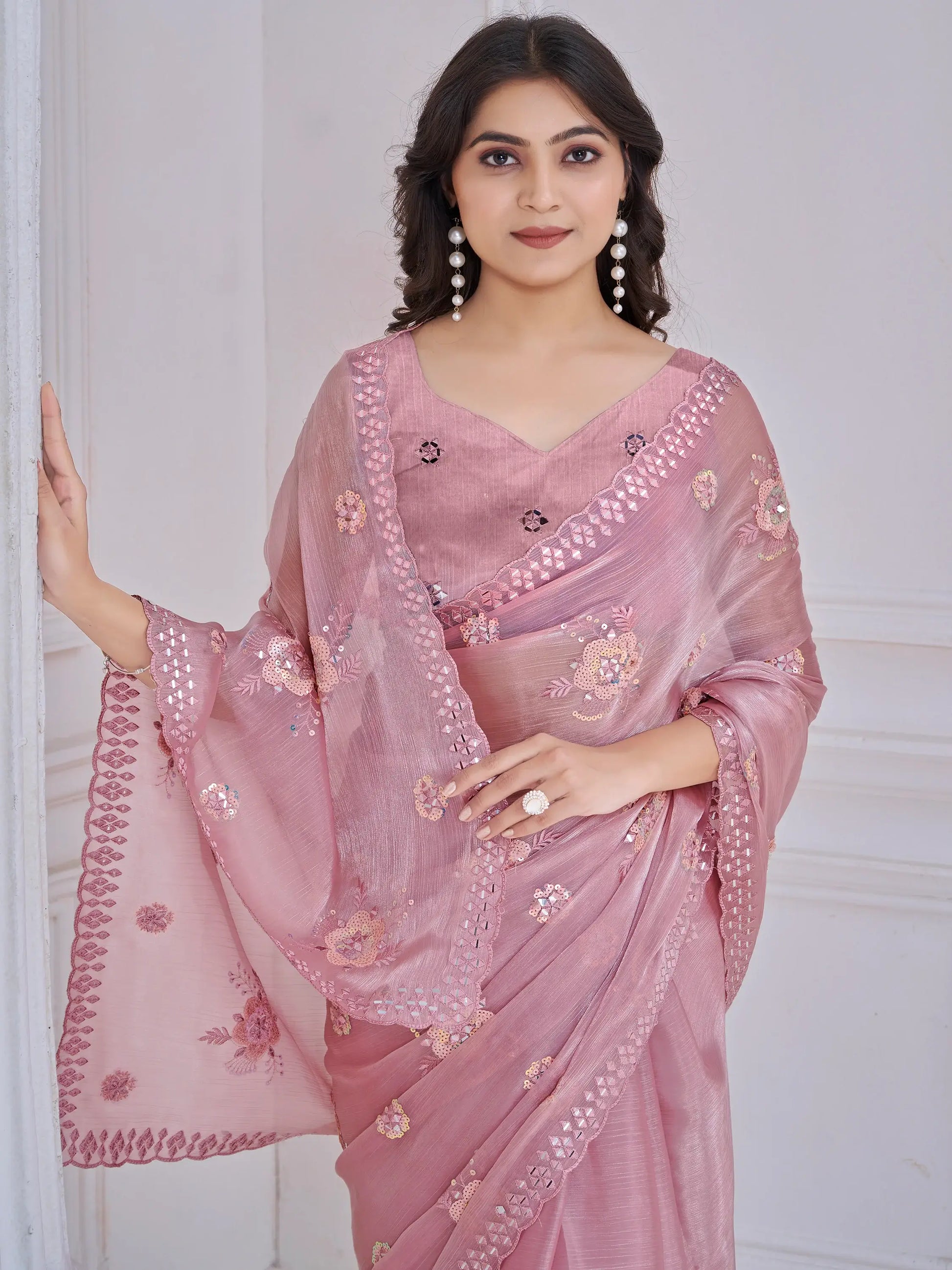 Ravishing Baby Pink Mirror Work Organza Silk Party Wear Saree With Blouse - Zeel Clothing