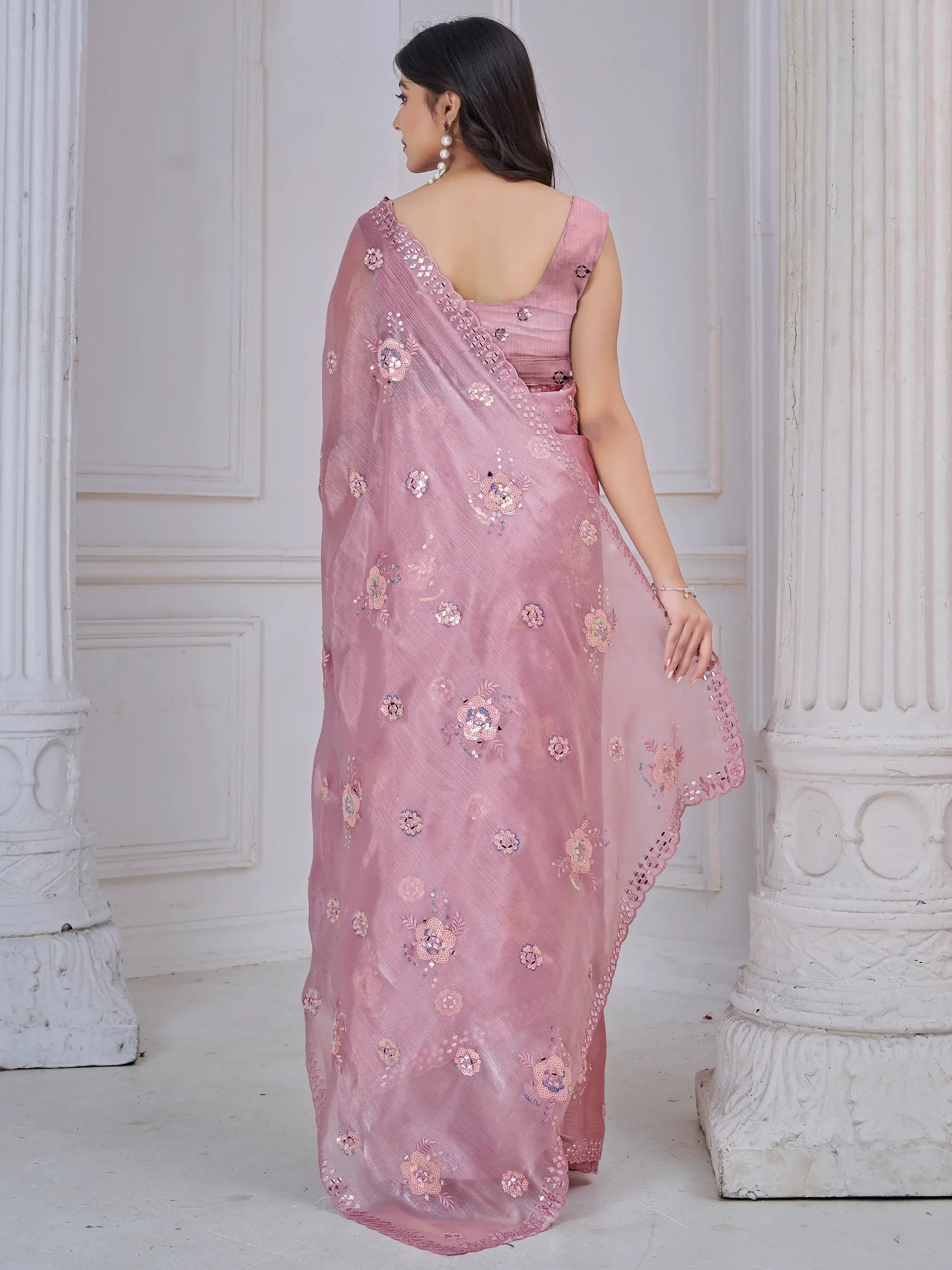 Ravishing Baby Pink Mirror Work Organza Silk Party Wear Saree With Blouse - Zeel Clothing