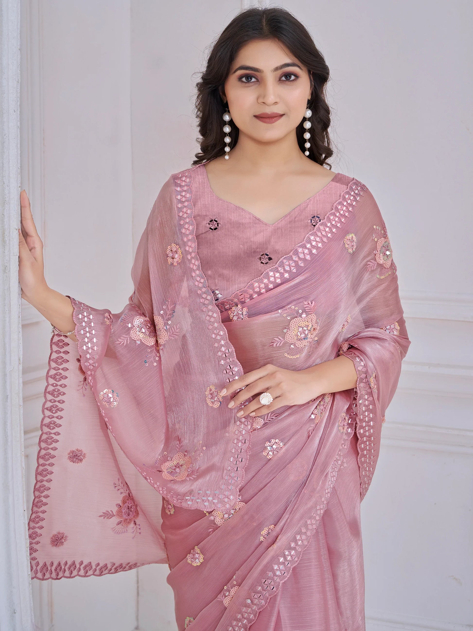 Ravishing Baby Pink Mirror Work Organza Silk Party Wear Saree With Blouse - Zeel Clothing