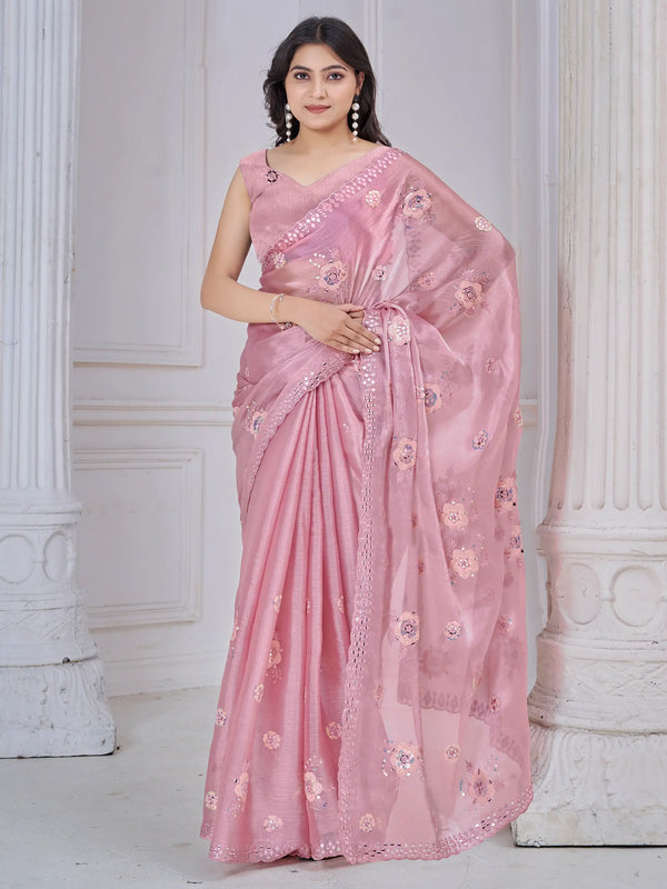 Ravishing Baby Pink Mirror Work Organza Silk Party Wear Saree With Blouse - Zeel Clothing