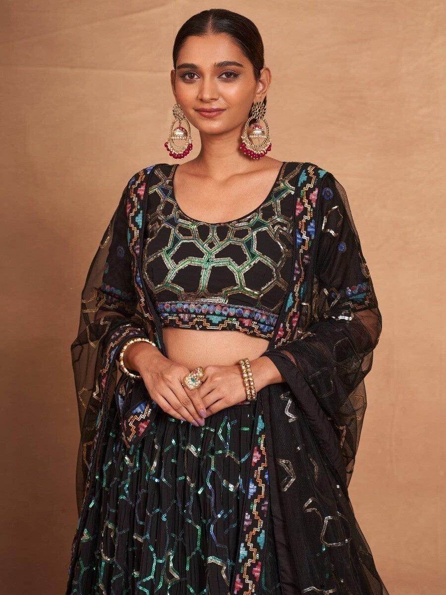 Ravishing Black Sequins Georgette Designer Lehenga Choli With Dupatta - Zeel Clothing