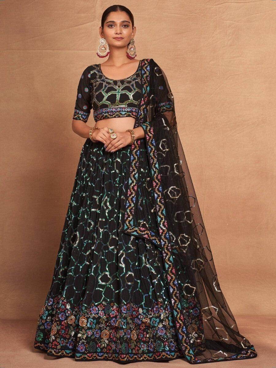 Ravishing Black Sequins Georgette Designer Lehenga Choli With Dupatta - Zeel Clothing