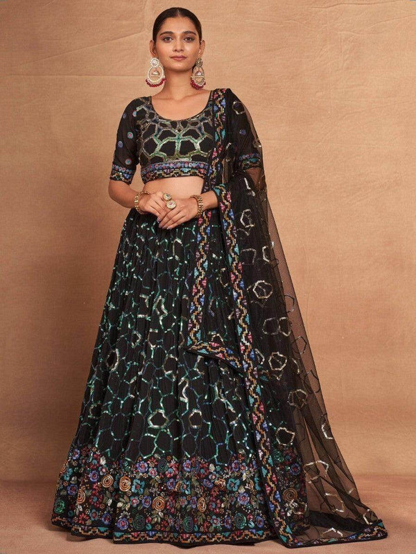 Ravishing Black Sequins Georgette Designer Lehenga Choli With Dupatta - Zeel Clothing