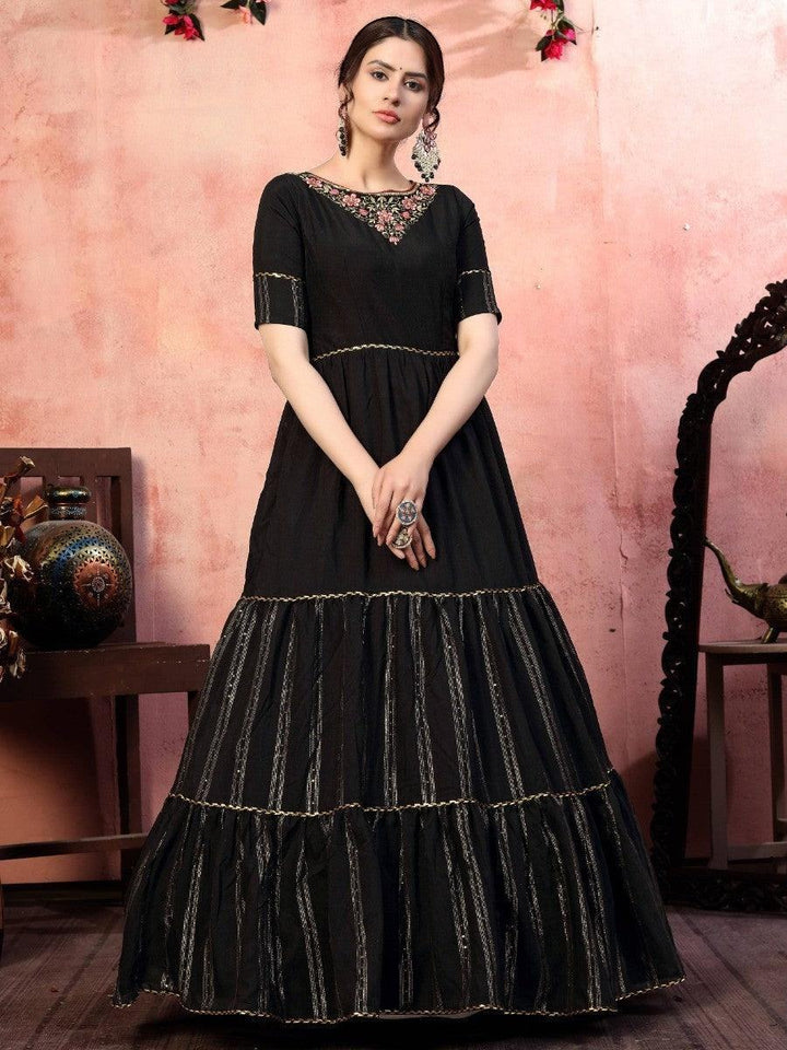 Ravishing Black Thread Embroidered Silk Party Wear Anarkali Gown