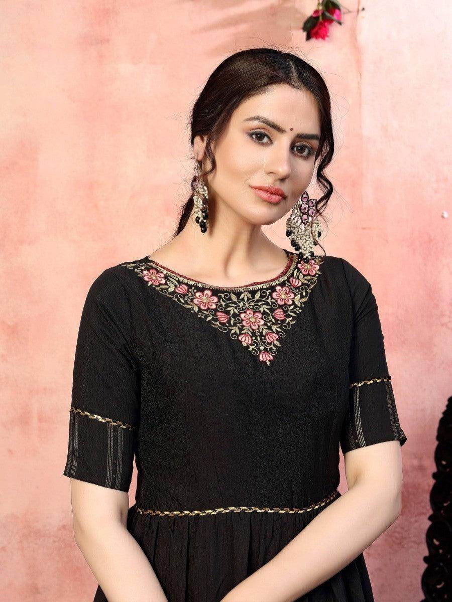 Ravishing Black Thread Embroidered Silk Party Wear Anarkali Gown - Zeel Clothing