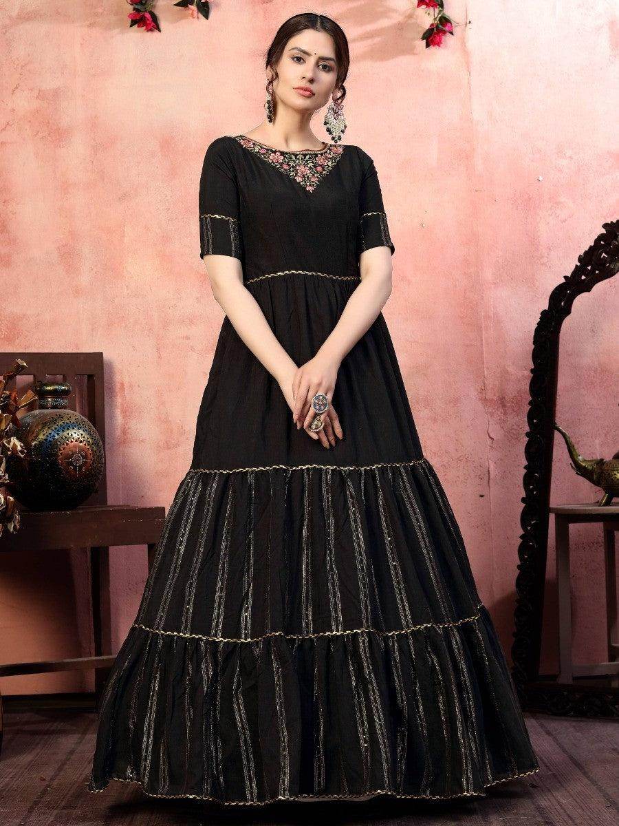 Ravishing Black Thread Embroidered Silk Party Wear Anarkali Gown - Zeel Clothing