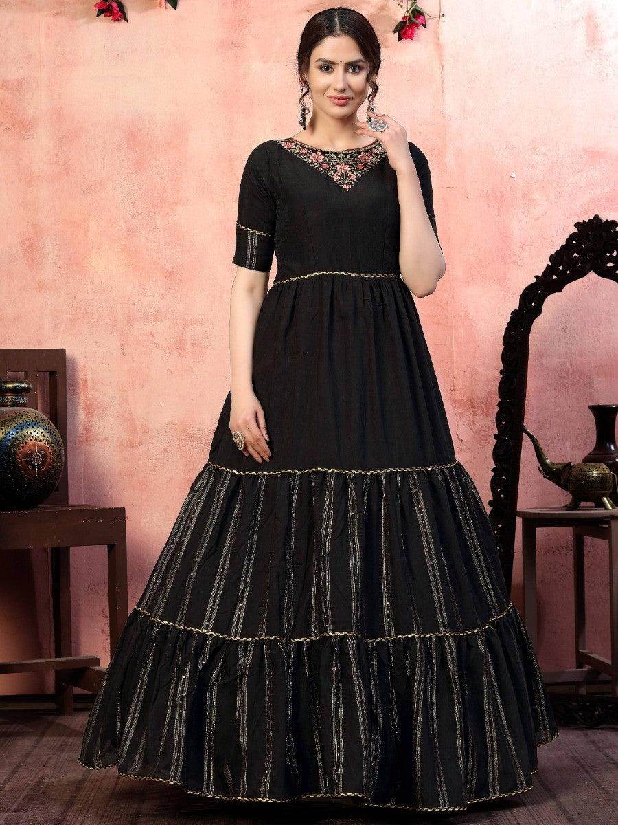 Ravishing Black Thread Embroidered Silk Party Wear Anarkali Gown - Zeel Clothing