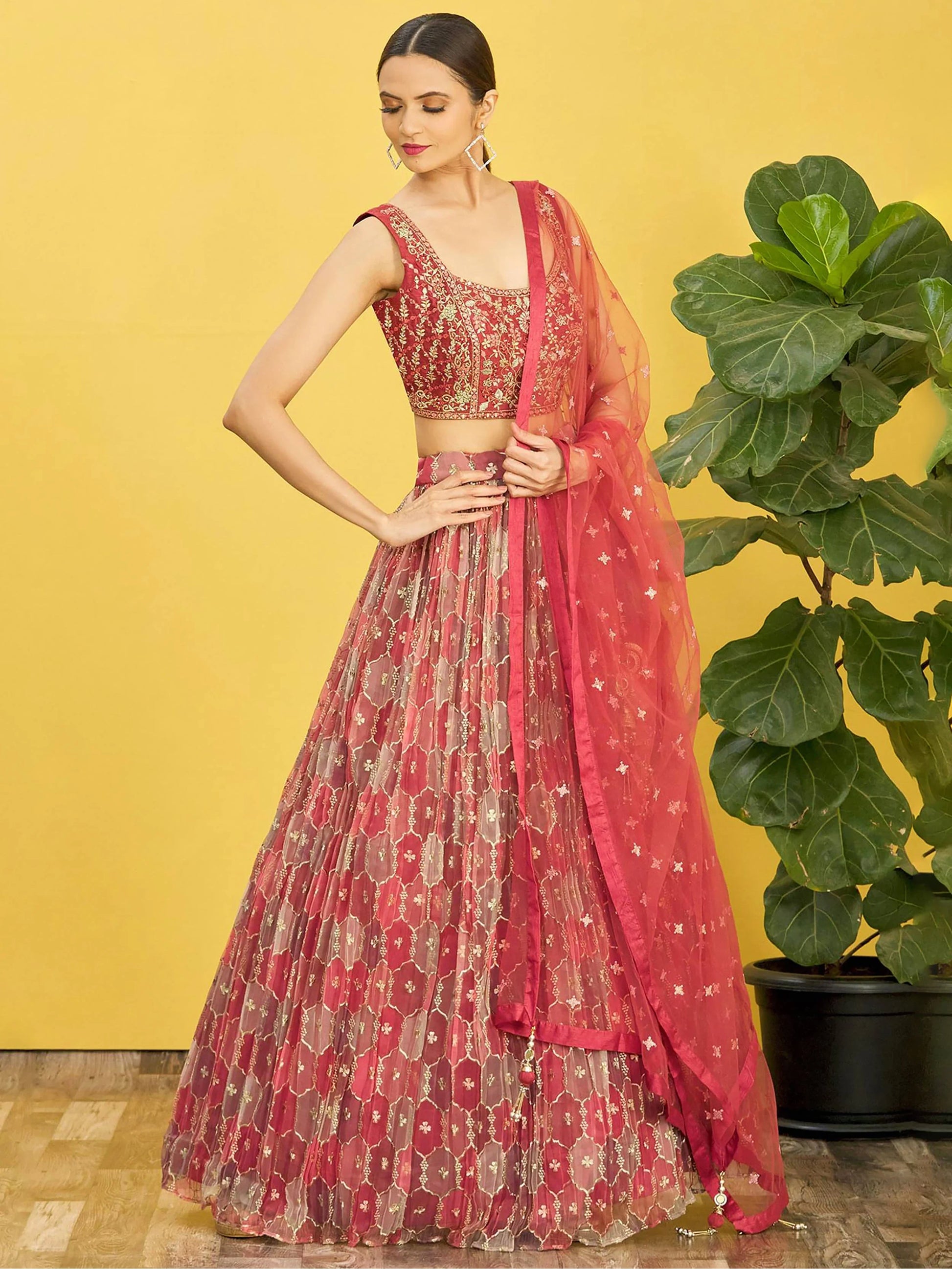 Ravishing Brown Mirror Work Organza Engagements Lehenga Choli - Zeel Clothing