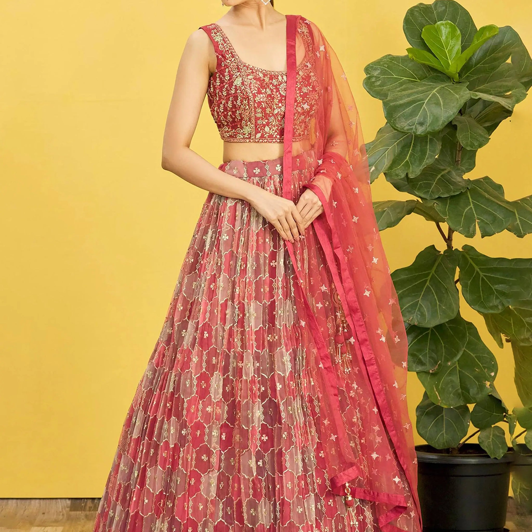 Ravishing Brown Mirror Work Organza Engagements Lehenga Choli - Zeel Clothing