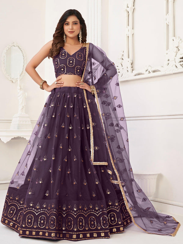 Ravishing Dark Purple Sequins Net Lehenga Choli With Dupatta
