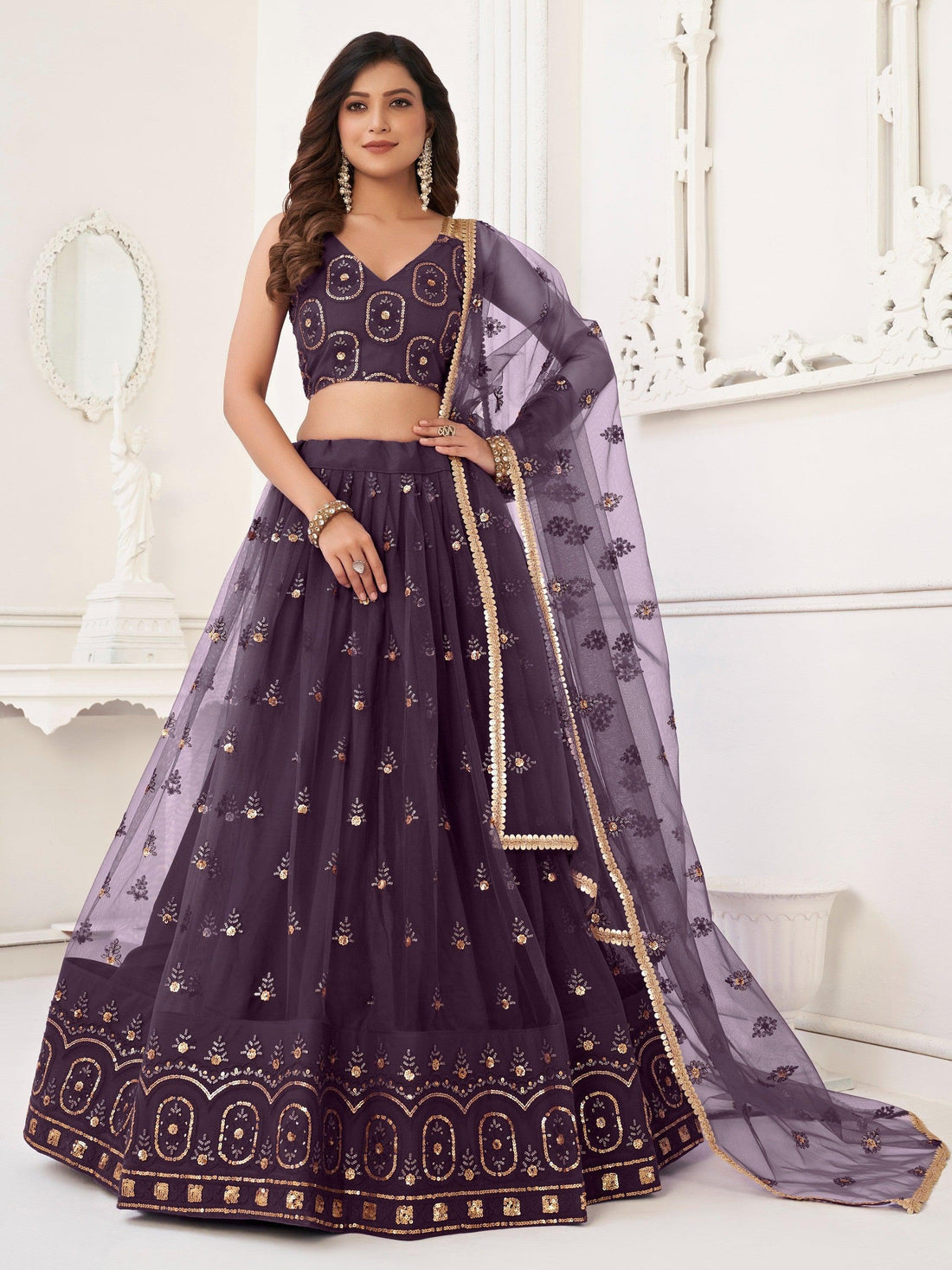 Ravishing Dark Purple Sequins Net Lehenga Choli With Dupatta