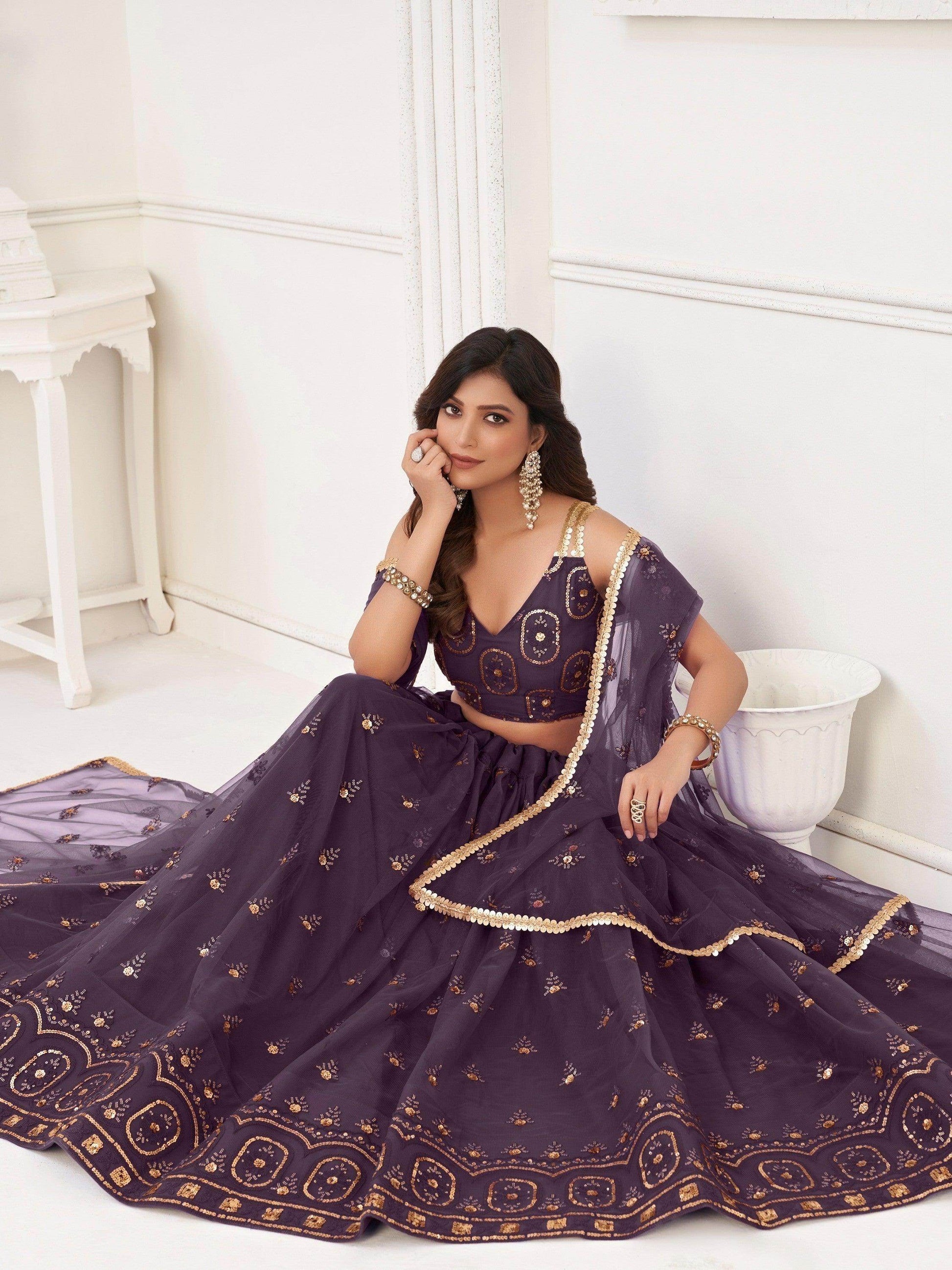 Ravishing Dark Purple Sequins Net Lehenga Choli With Dupatta - Zeel Clothing