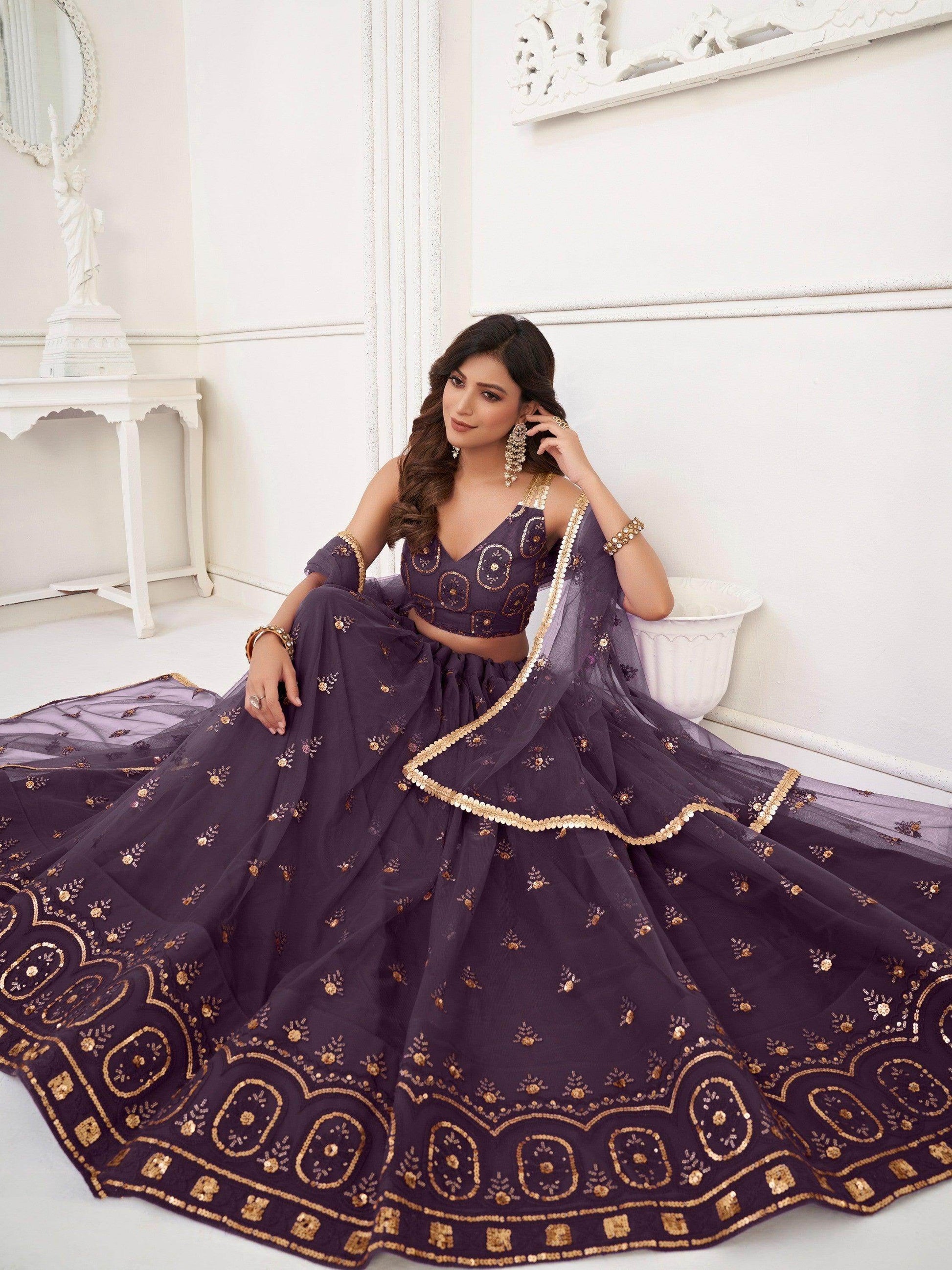 Ravishing Dark Purple Sequins Net Lehenga Choli With Dupatta - Zeel Clothing