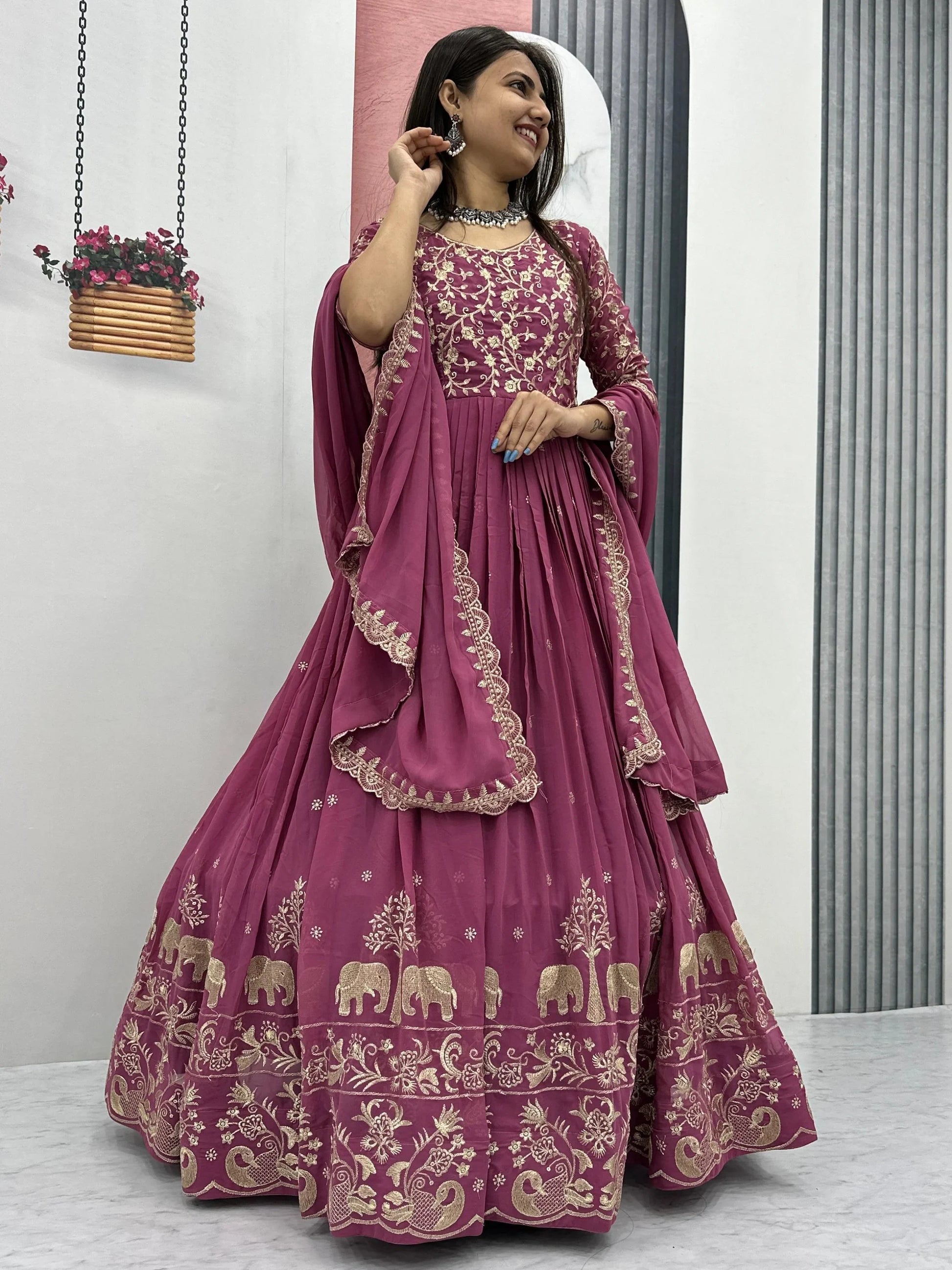 Ravishing Dusty Pink Thread Work Georgette Event Wear Gown With Dupatta - Zeel Clothing