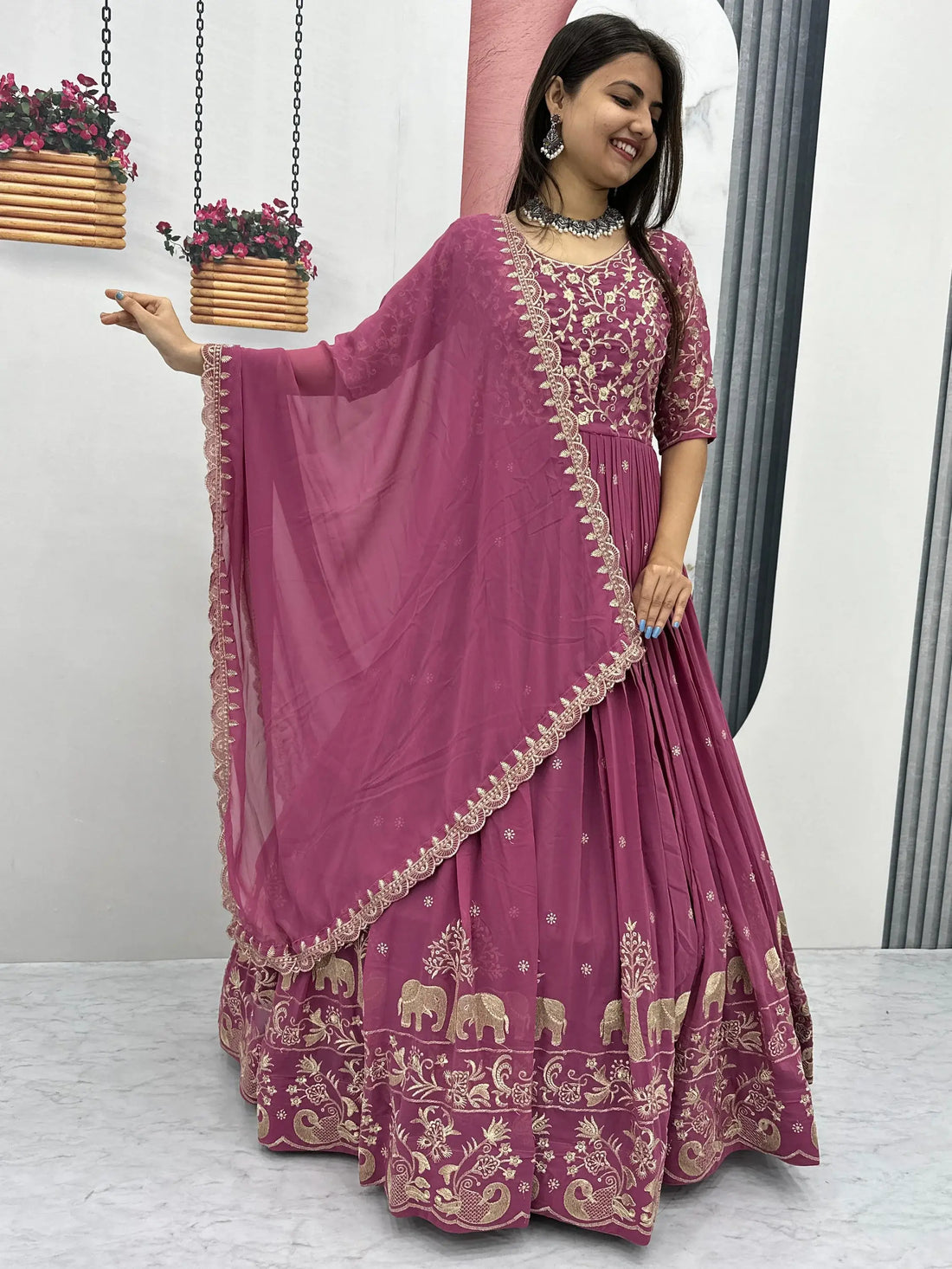 Ravishing Dusty Pink Thread Work Georgette Event Wear Gown With Dupatta - Zeel Clothing
