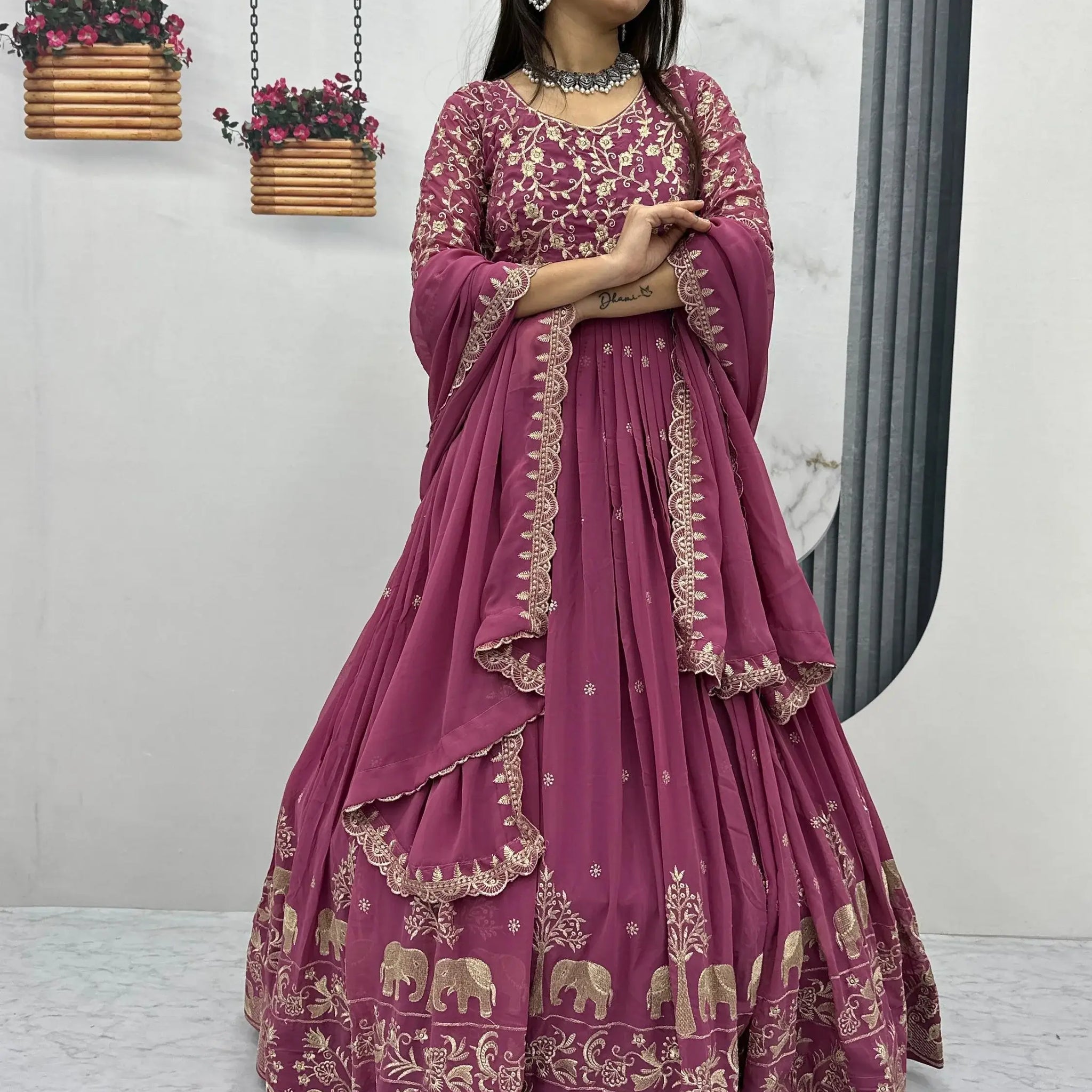 Ravishing Dusty Pink Thread Work Georgette Event Wear Gown With Dupatta - Zeel Clothing