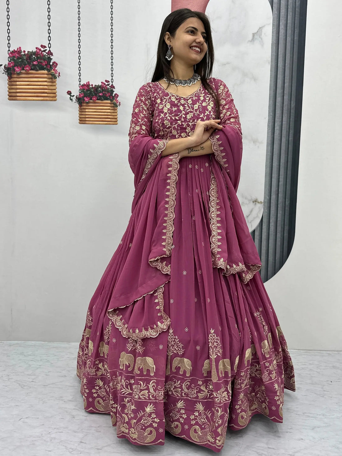 Ravishing Dusty Pink Thread Work Georgette Event Wear Gown With Dupatta - Zeel Clothing