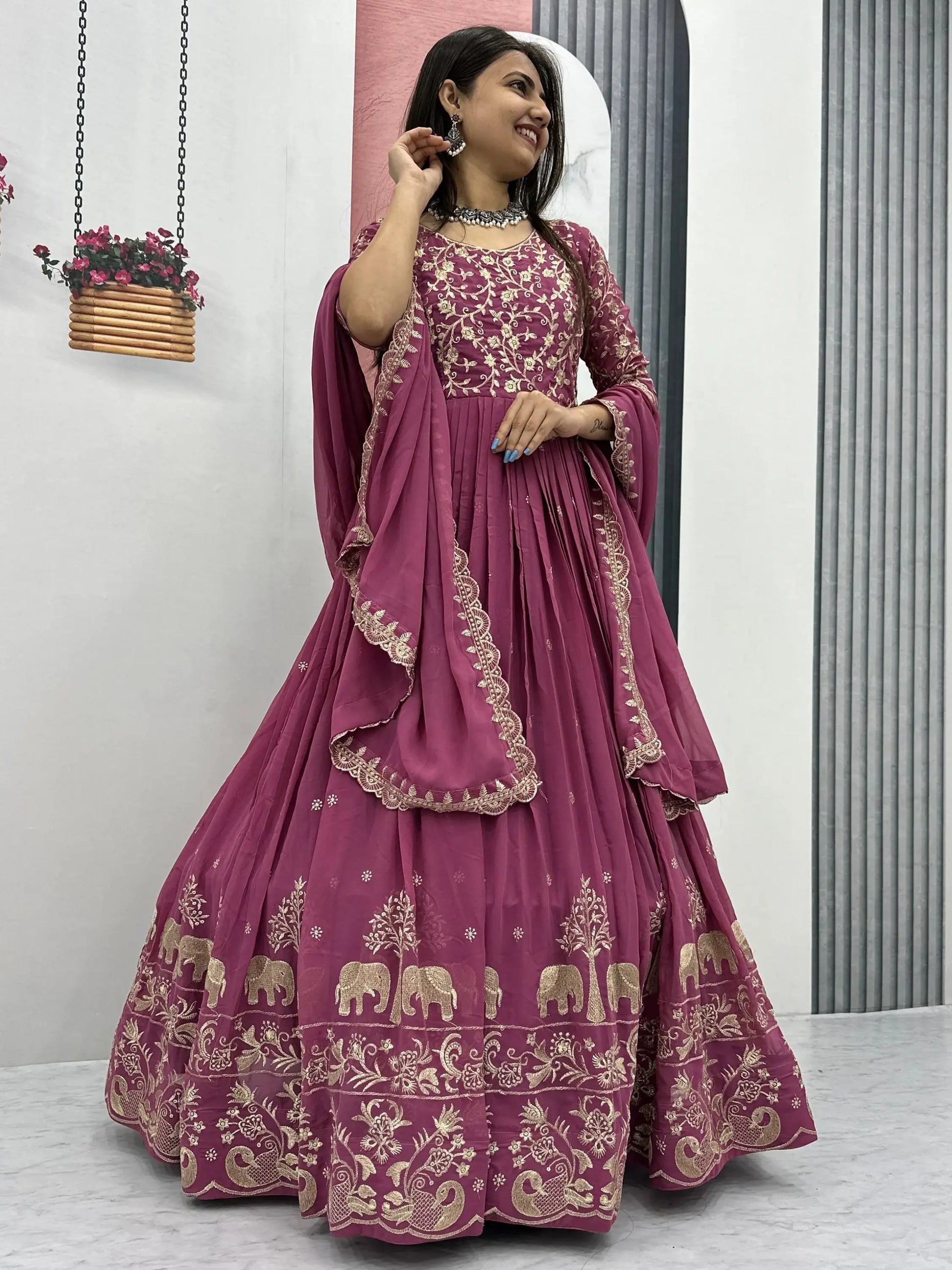 Ravishing Dusty Pink Thread Work Georgette Event Wear Gown With Dupatta - Zeel Clothing