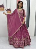 Ravishing Dusty Pink Thread Work Georgette Event Wear Gown With Dupatta - Zeel Clothing