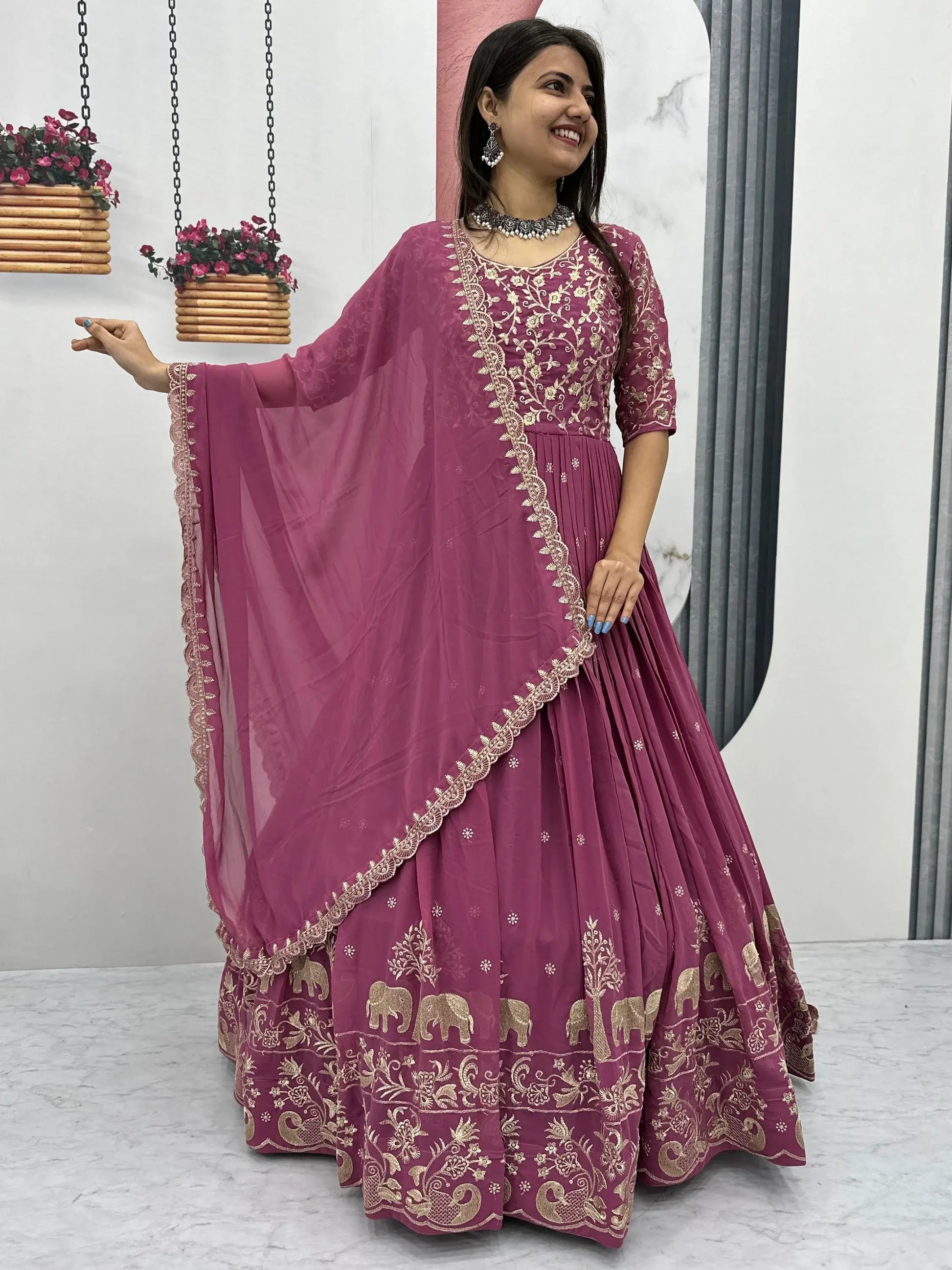 Ravishing Dusty Pink Thread Work Georgette Event Wear Gown With Dupatta - Zeel Clothing