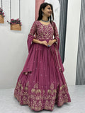 Ravishing Dusty Pink Thread Work Georgette Event Wear Gown With Dupatta - Zeel Clothing