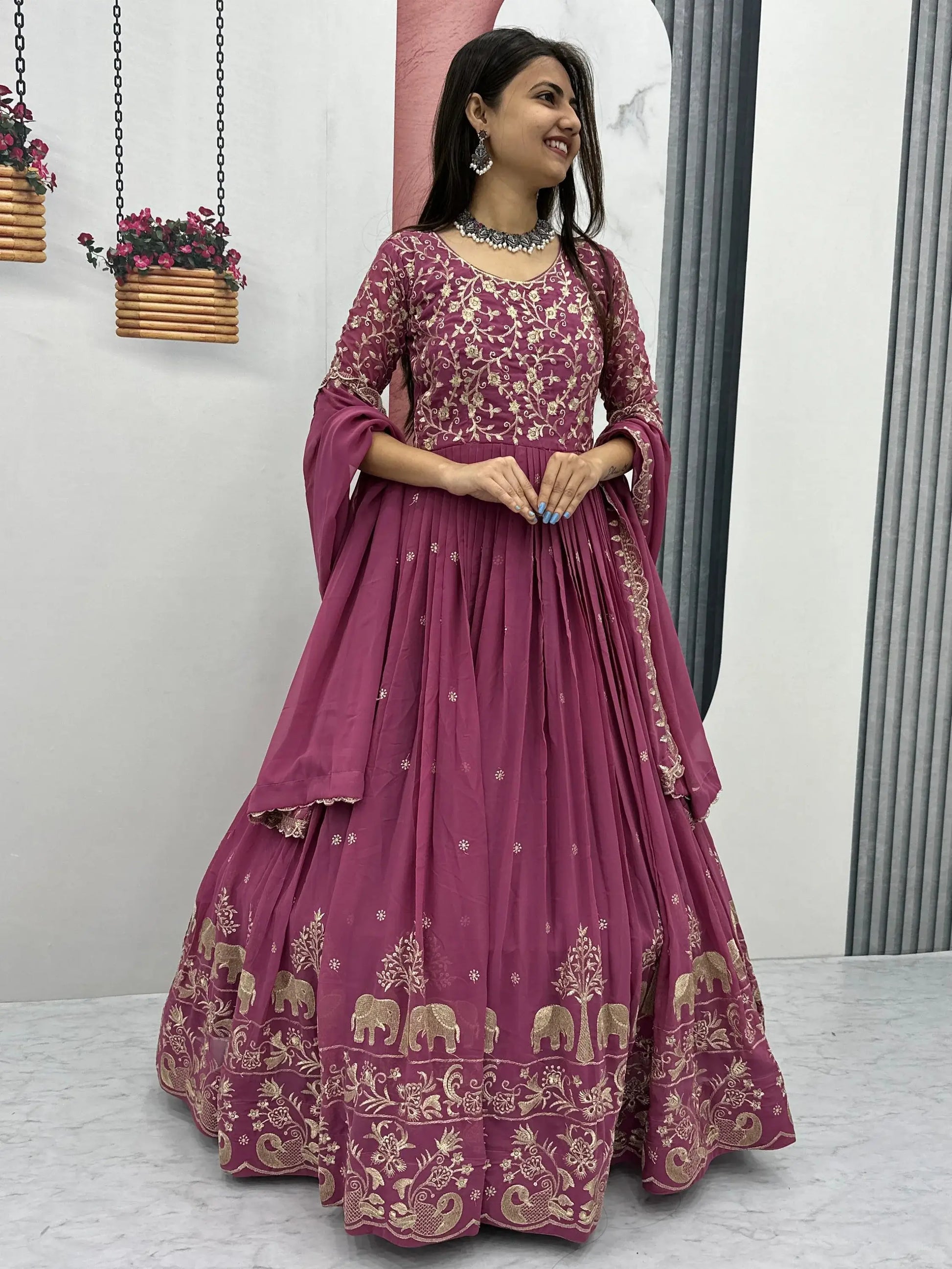 Ravishing Dusty Pink Thread Work Georgette Event Wear Gown With Dupatta - Zeel Clothing