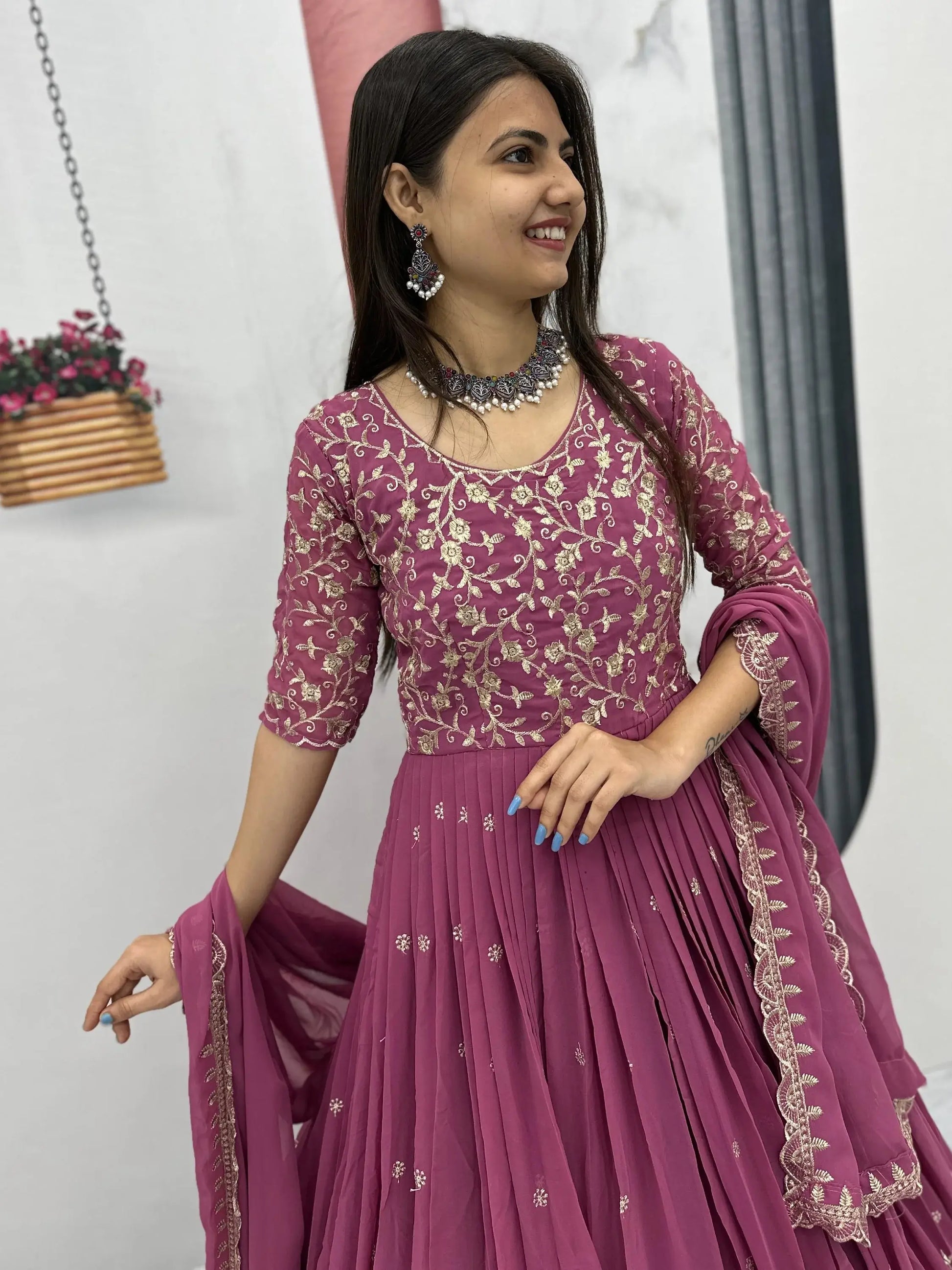 Ravishing Dusty Pink Thread Work Georgette Event Wear Gown With Dupatta - Zeel Clothing