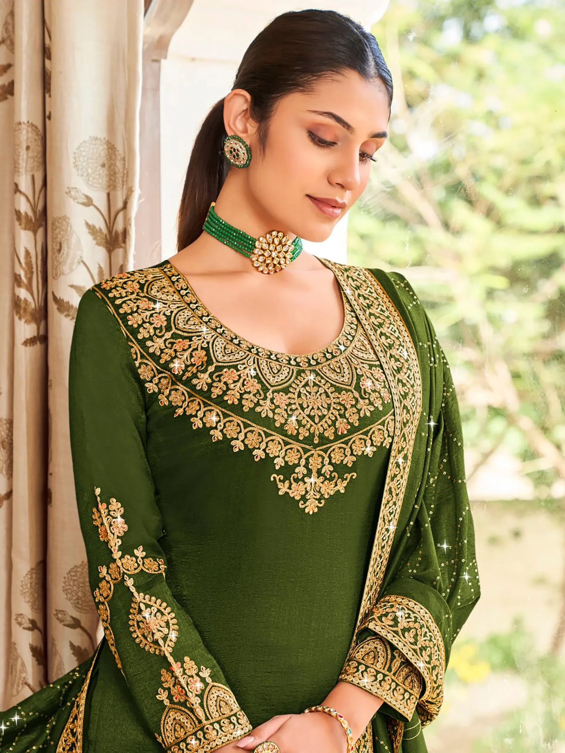 Ravishing Green Embroidered Vichitra Festival Wear Salwar Suit - Zeel Clothing