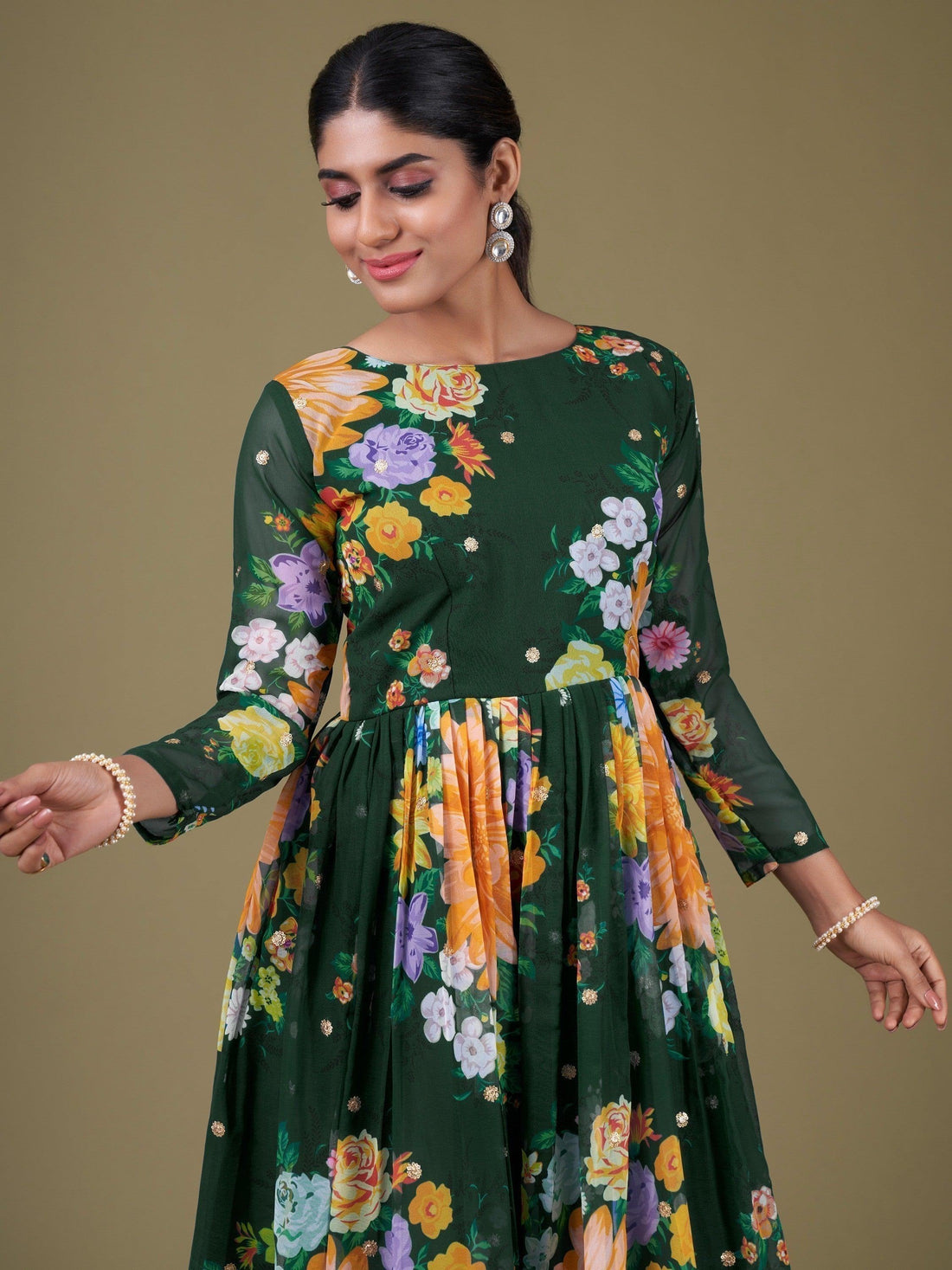 Ravishing Green Floral Printed Georgette Gown With Dupatta
