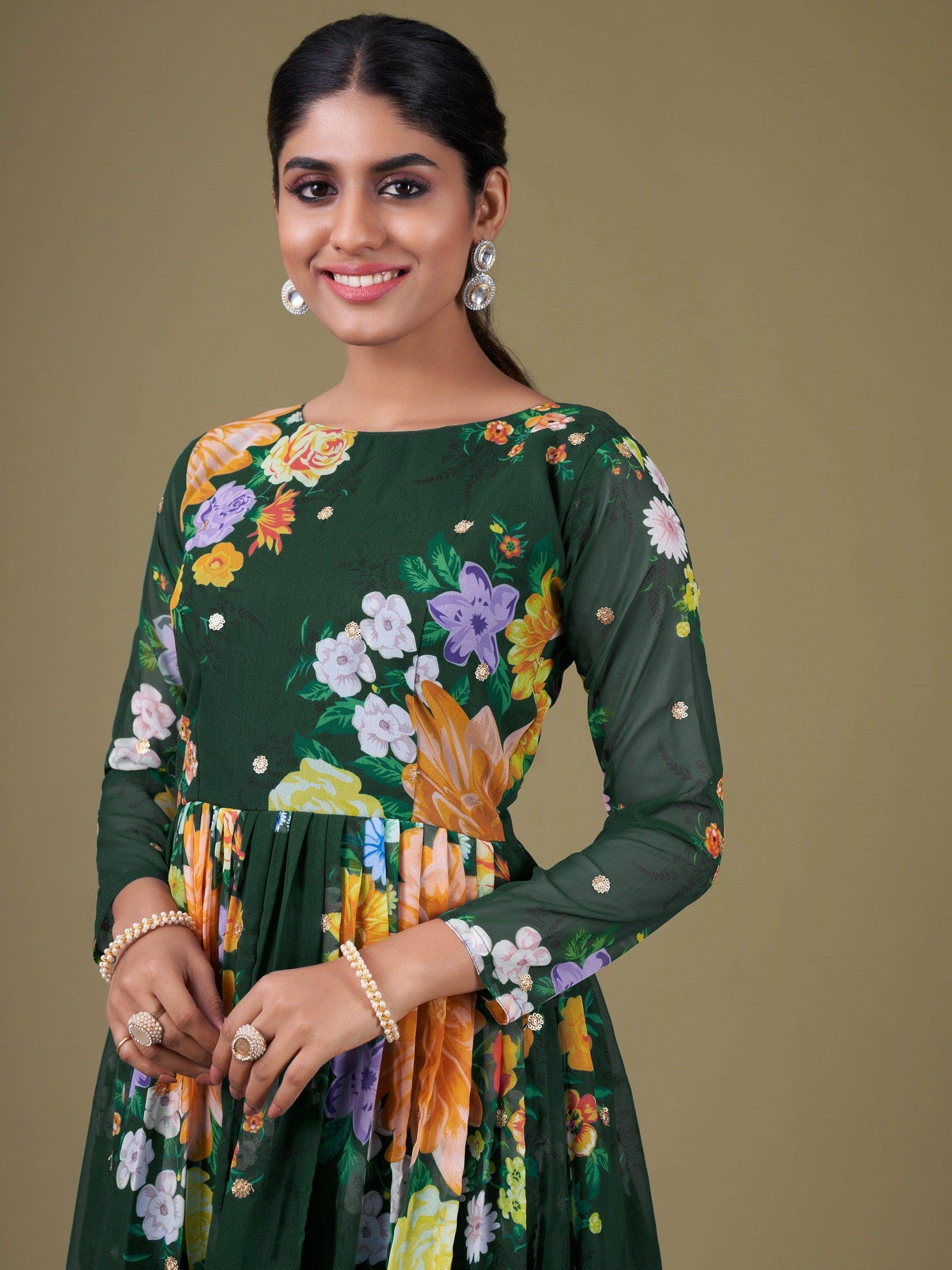 Ravishing Green Floral Printed Georgette Gown With Dupatta - Zeel Clothing