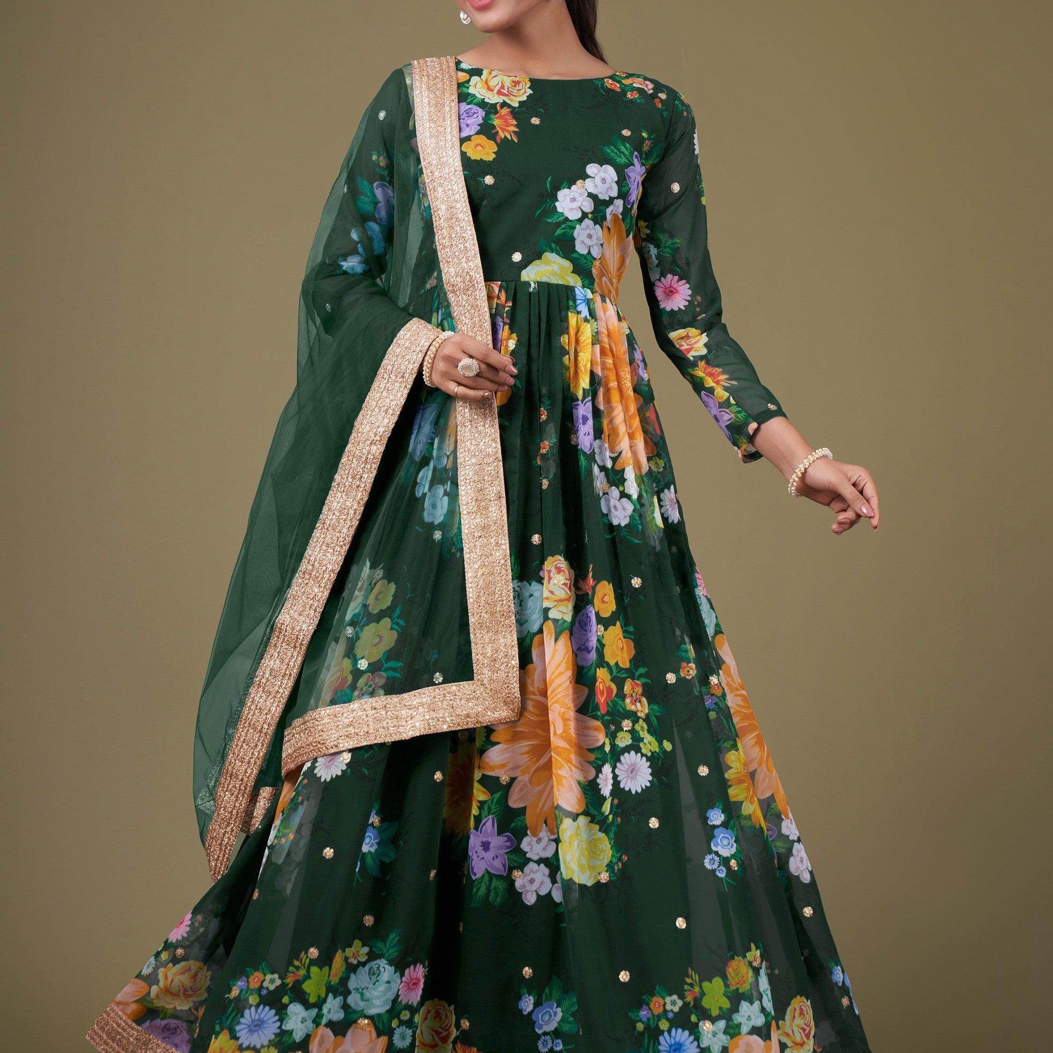 Ravishing Green Floral Printed Georgette Gown With Dupatta - Zeel Clothing