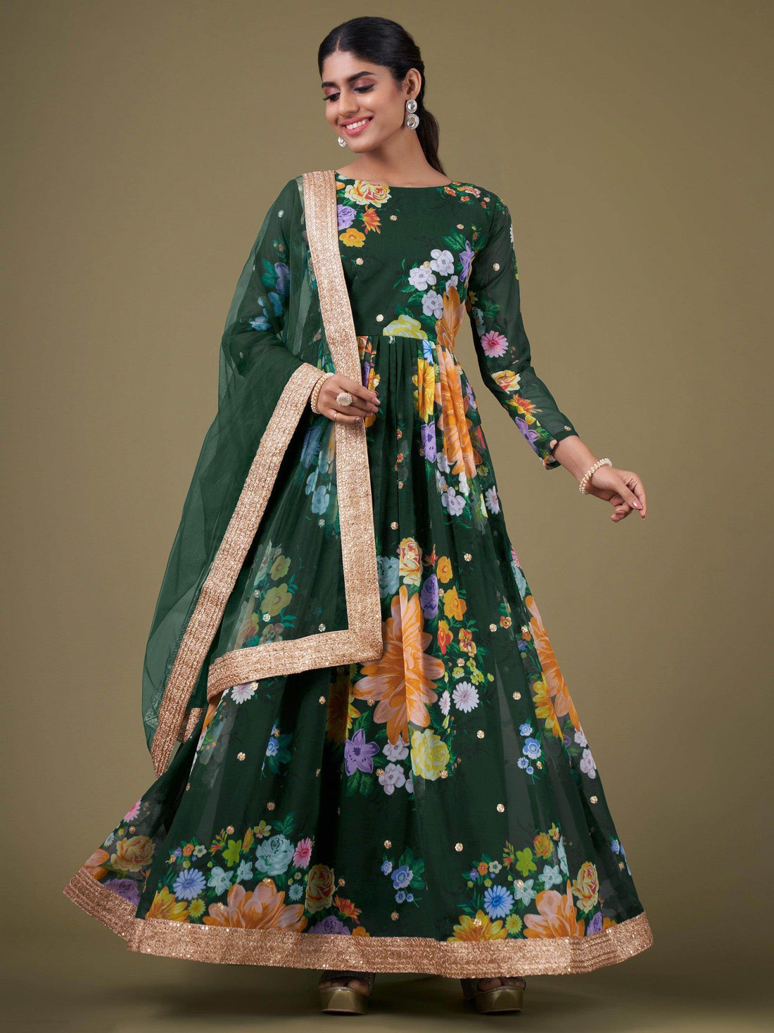 Ravishing Green Floral Printed Georgette Gown With Dupatta - Zeel Clothing