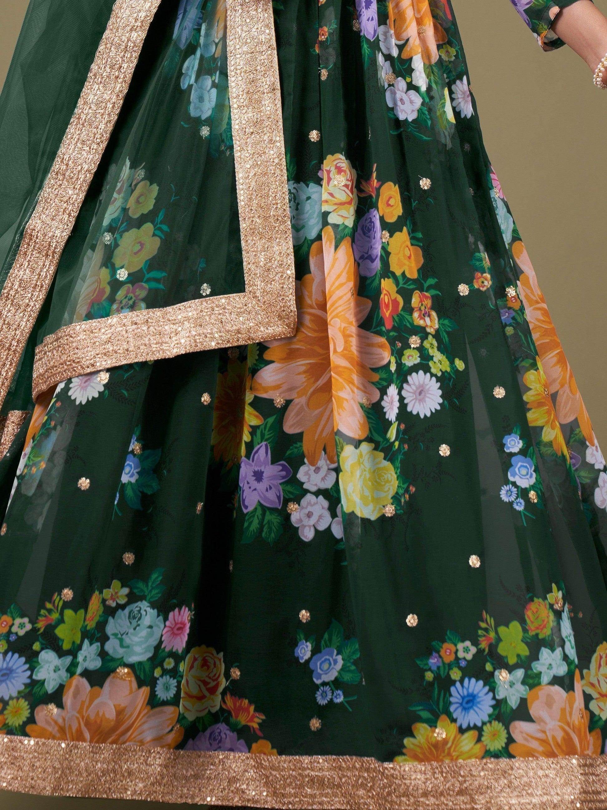 Ravishing Green Floral Printed Georgette Gown With Dupatta - Zeel Clothing