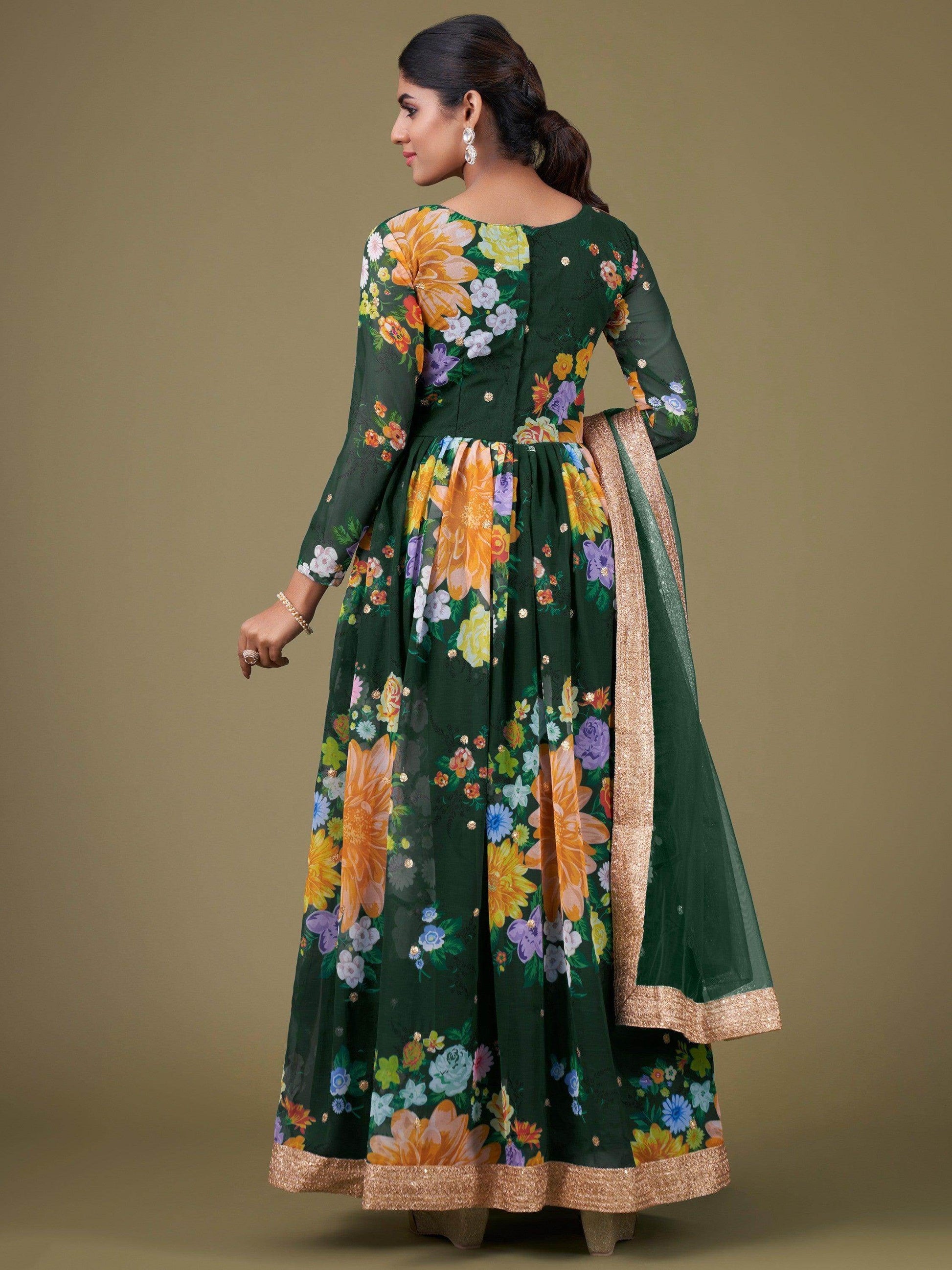 Ravishing Green Floral Printed Georgette Gown With Dupatta - Zeel Clothing