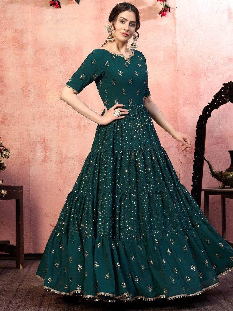 Ravishing Green Georgette Sequins Party Wear Anarkali Gown - Zeel Clothing