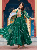 Ravishing Green Kutchi Patch Work Georgette Navratri Special Gown - Zeel Clothing