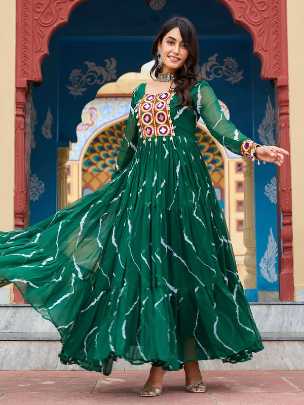 Ravishing Green Kutchi Patch Work Georgette Navratri Special Gown - Zeel Clothing