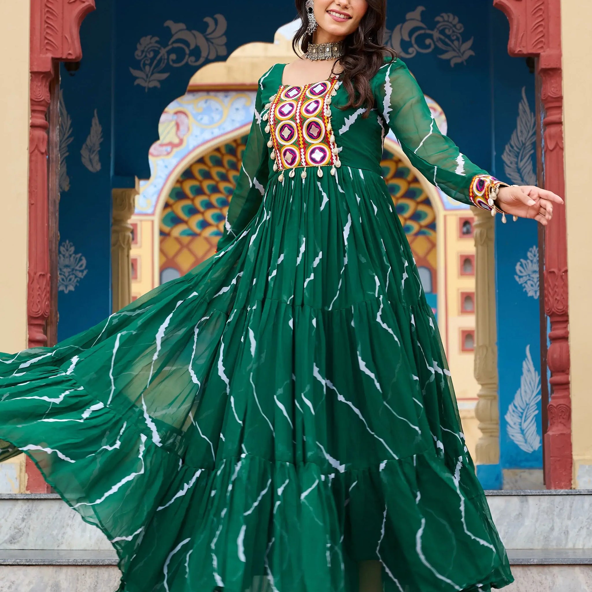 Ravishing Green Kutchi Patch Work Georgette Navratri Special Gown - Zeel Clothing
