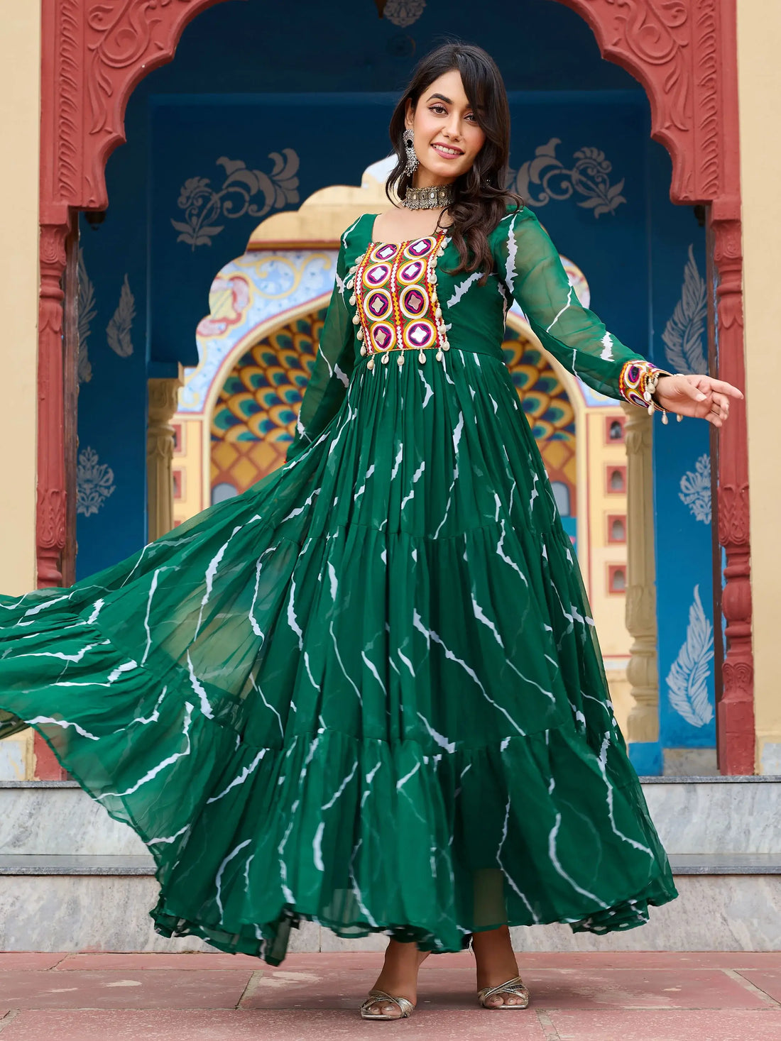 Ravishing Green Kutchi Patch Work Georgette Navratri Special Gown - Zeel Clothing