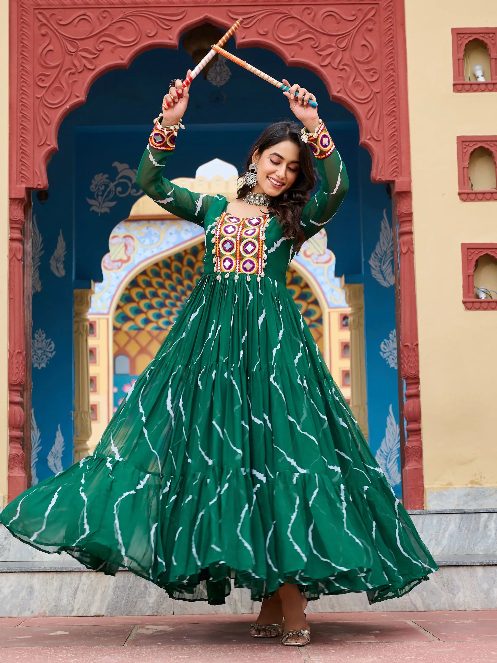 Ravishing Green Kutchi Patch Work Georgette Navratri Special Gown - Zeel Clothing
