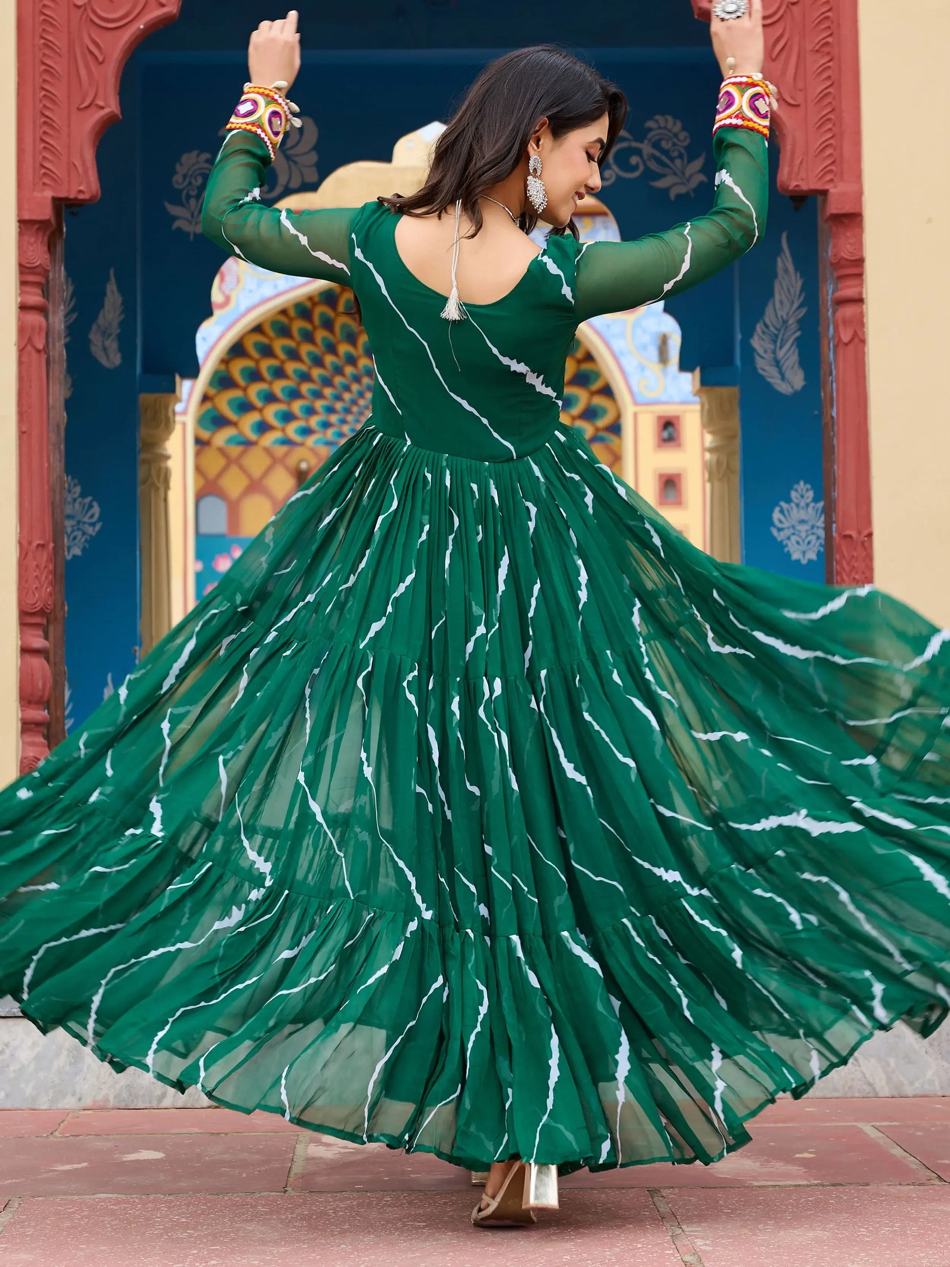 Ravishing Green Kutchi Patch Work Georgette Navratri Special Gown - Zeel Clothing