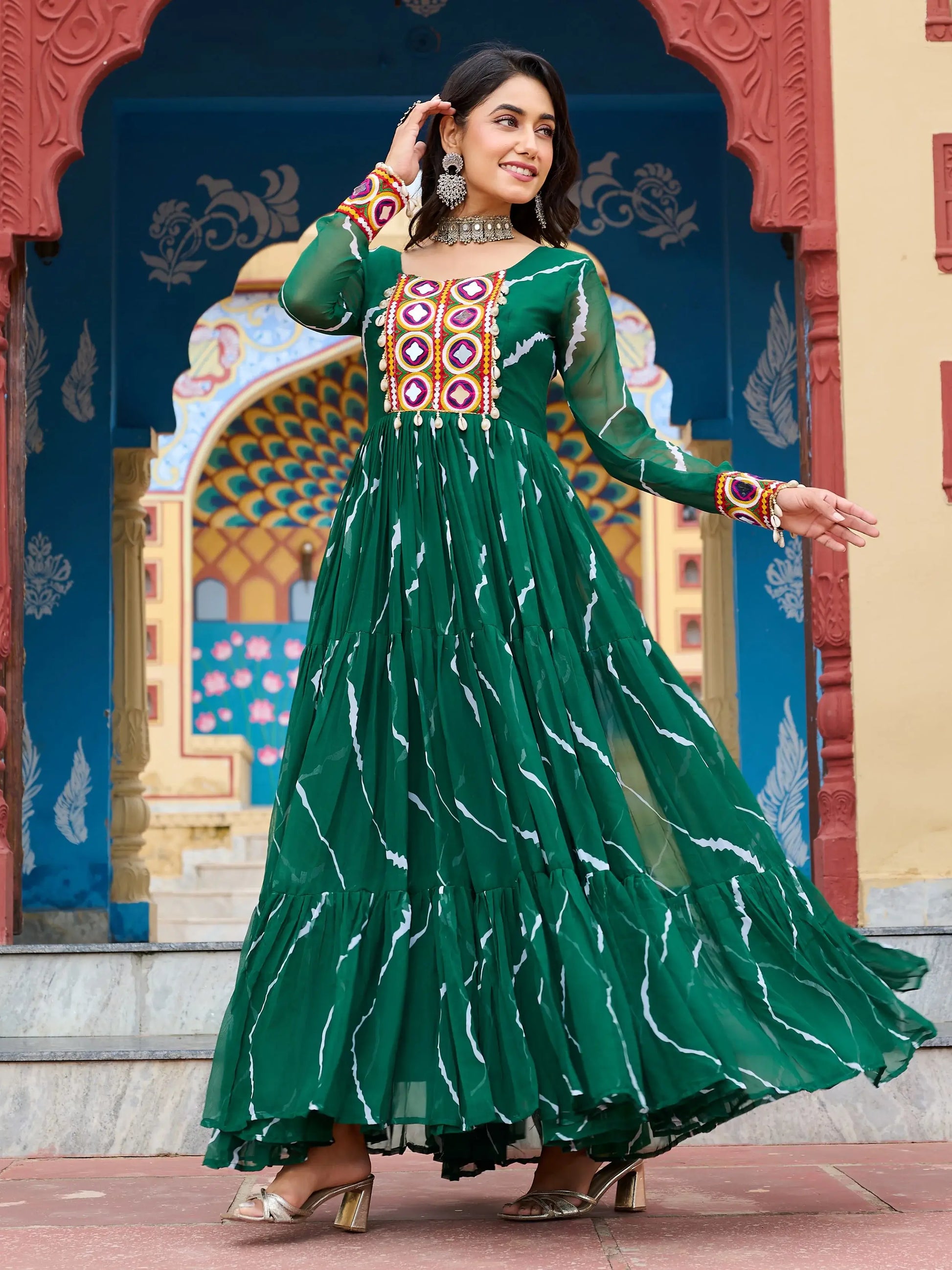 Ravishing Green Kutchi Patch Work Georgette Navratri Special Gown - Zeel Clothing