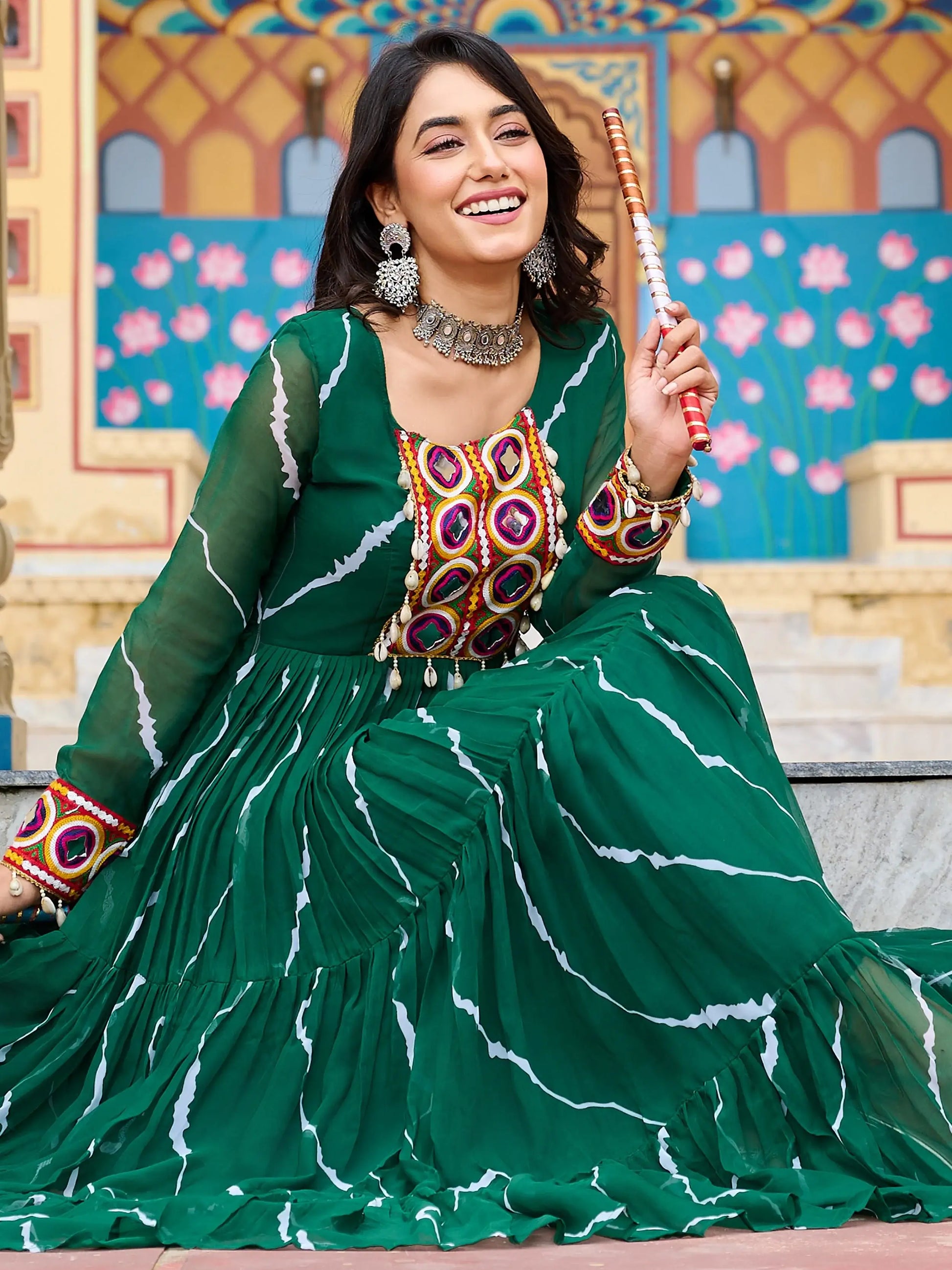 Ravishing Green Kutchi Patch Work Georgette Navratri Special Gown - Zeel Clothing