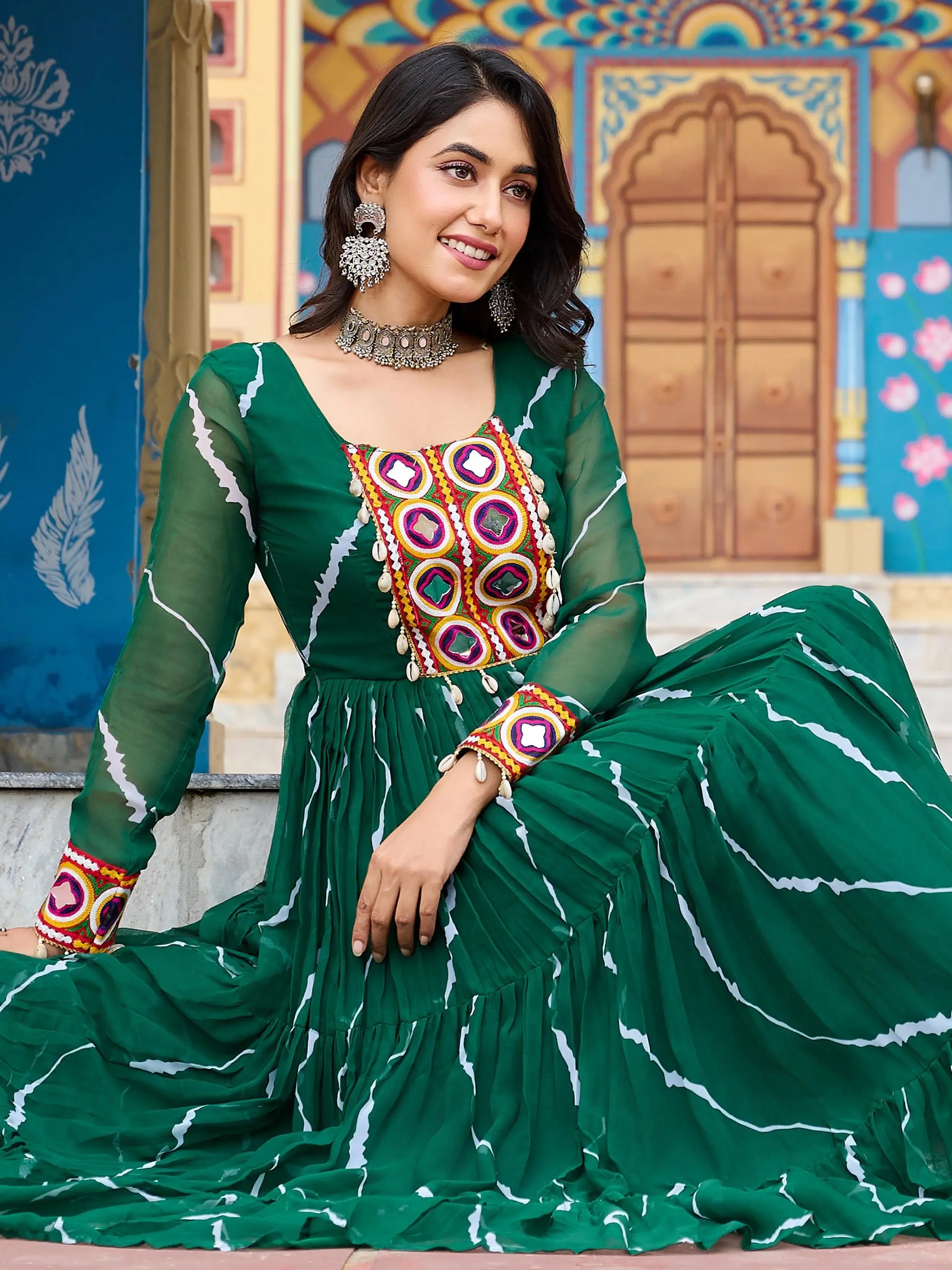 Ravishing Green Kutchi Patch Work Georgette Navratri Special Gown - Zeel Clothing