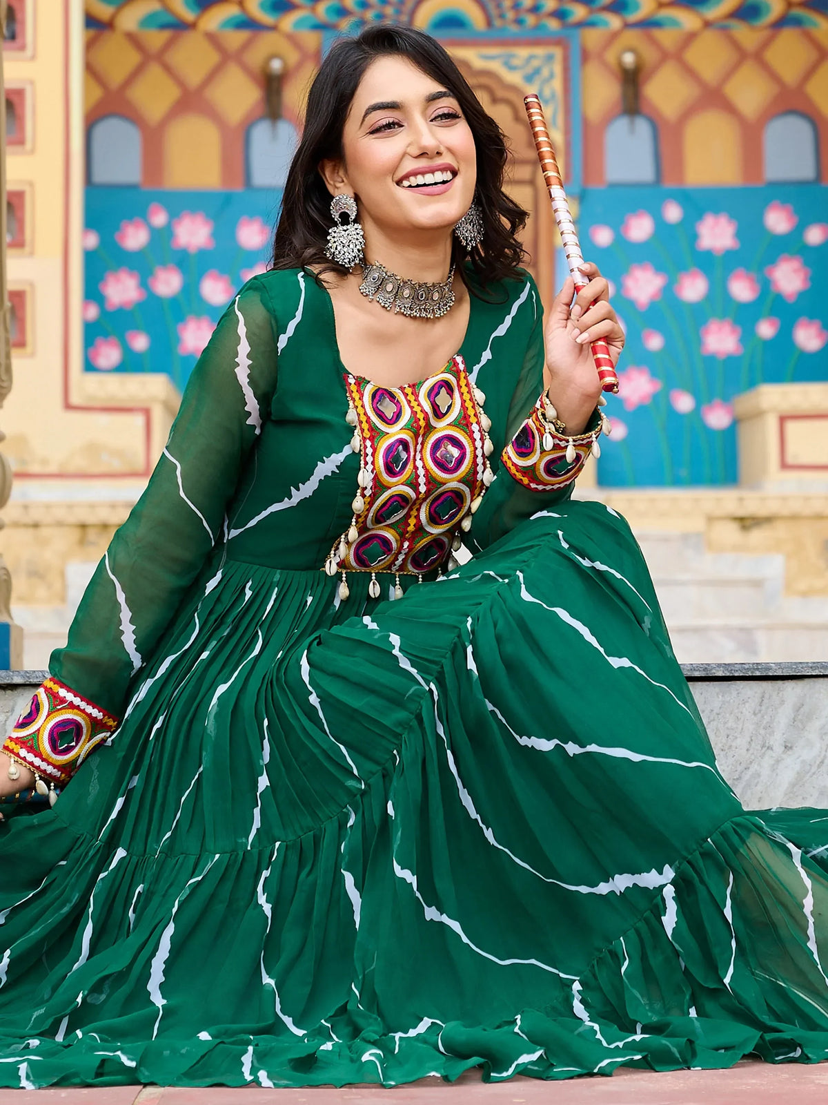 Ravishing Green Kutchi Patch Work Georgette Navratri Special Gown - Zeel Clothing
