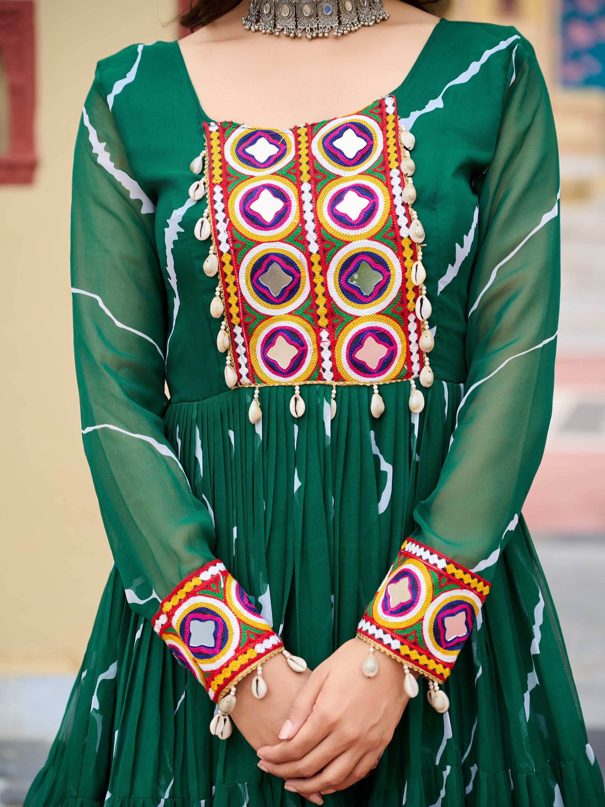 Ravishing Green Kutchi Patch Work Georgette Navratri Special Gown - Zeel Clothing